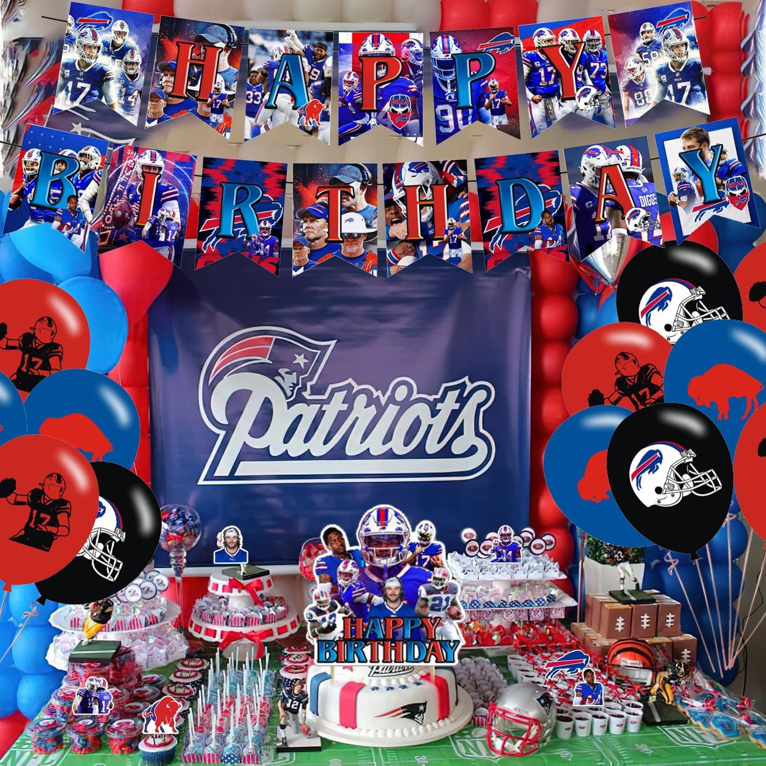 Bills – Decoraciones para fiestas, suministros de fiesta de cumpleaños para fiesta de fútbol de búfalo, incluye pancarta, decoración para tartas, 12