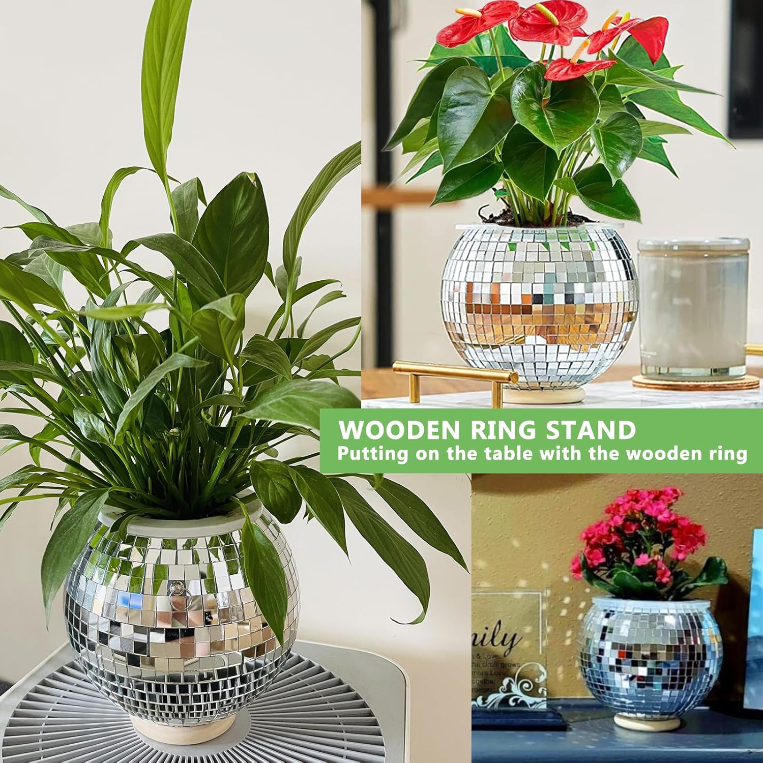 Macetas de riego automático para plantas de interior con orificio de drenaje, maceta de bola de discoteca con cadena, cuerda de macramé, anillo de
