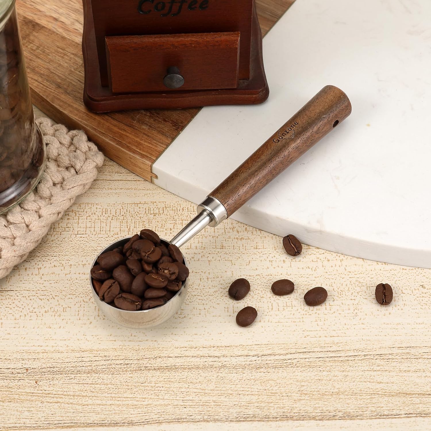 Gonzone Cuchara medidora de café vintage, acero inoxidable 304, cuchara de café, capacidad de 0.35 onzas, mango de nuez, perfecta para café, té y