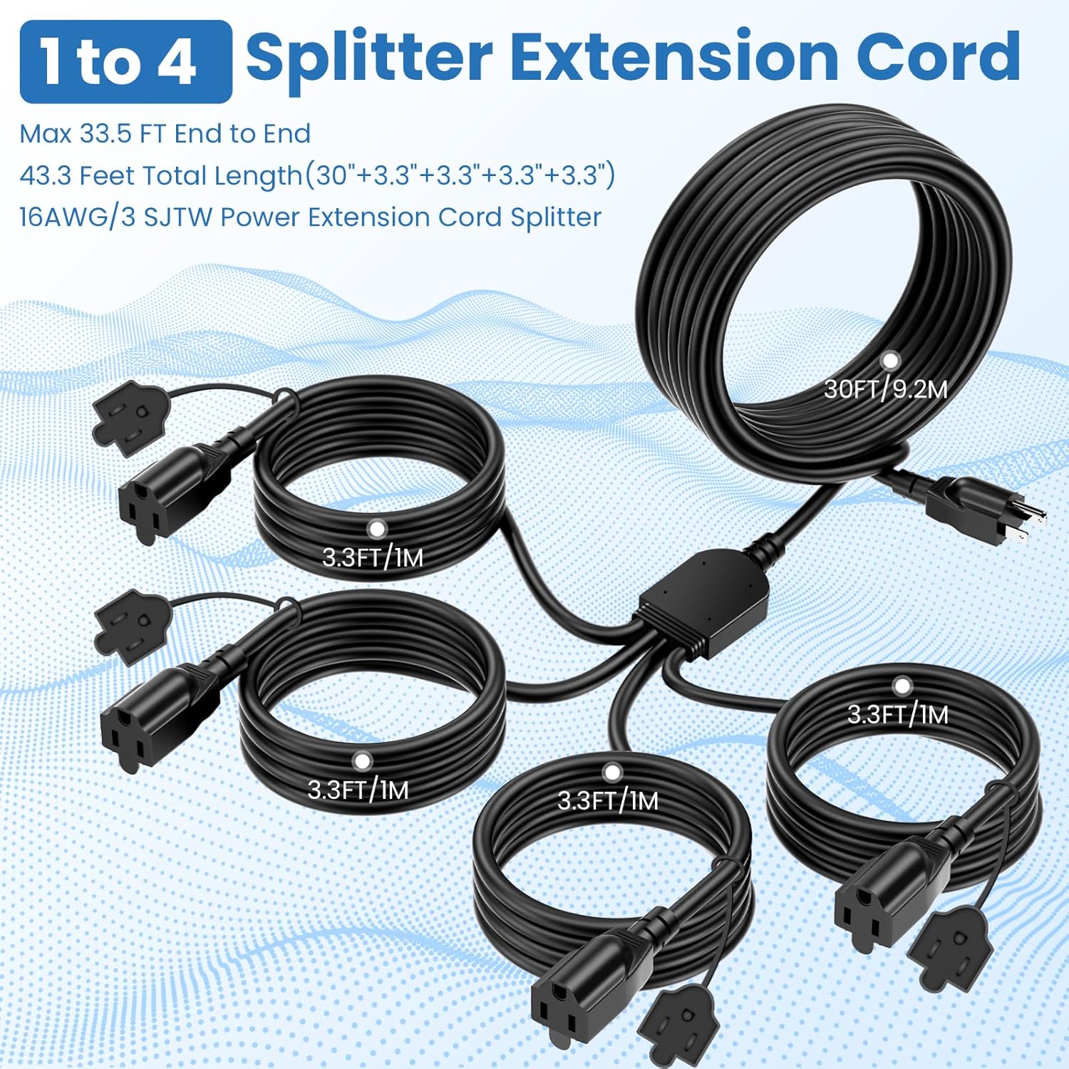 YOTIGER Cable de extensión para exteriores de 1 a 4 divisores para luces de Navidad, máximo 33.3 pies de extremo a extremo (43 pies en total),
