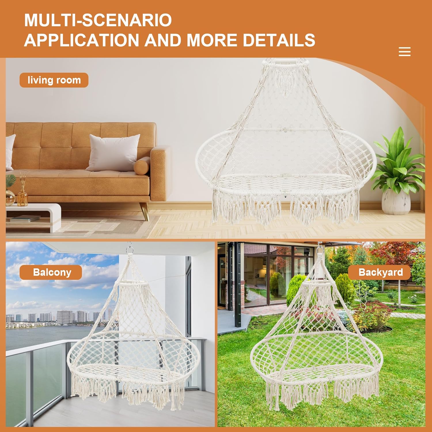 Silla hamaca para 2 personas, columpio de macramé, silla colgante bohemia tejida a mano, marco de metal, capacidad de 400 libras para interiores y