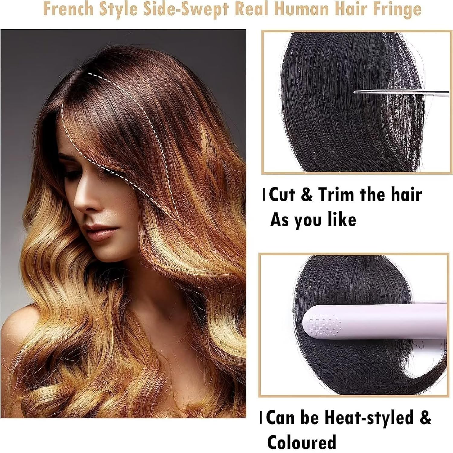 RUNBFUUY – 2 extensiones de cabello humano real ondulado con fleco y fleco lateral (negro natural)
