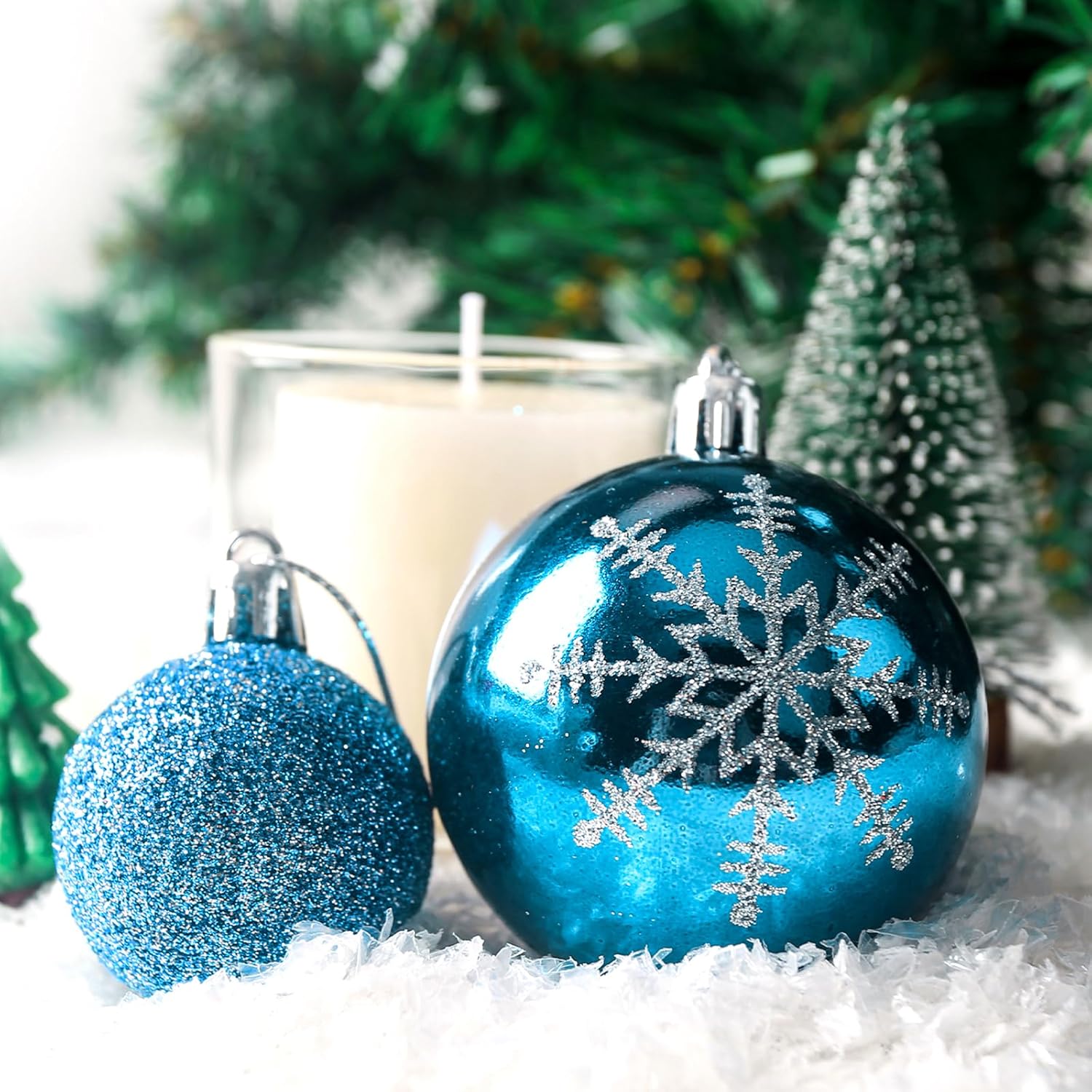 DomeStar 100 adornos de bolas de Navidad, adornos para árbol de Navidad, bolas inastillables con purpurina, copos de nieve para árbol de Navidad,