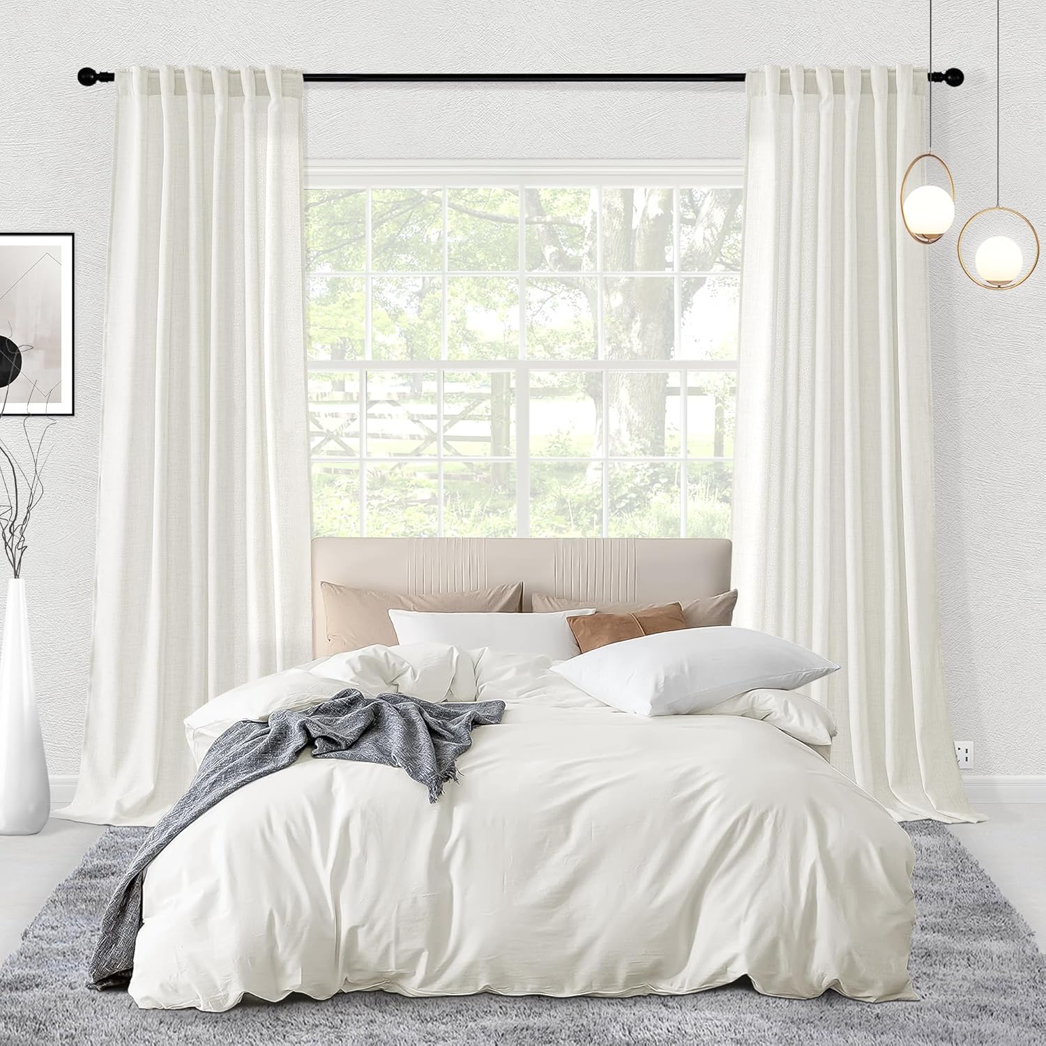 Cortinas de lino con pestaña trasera de 96 pulgadas de largo para sala de estar, cortinas semitransparentes para privacidad para dormitorio,