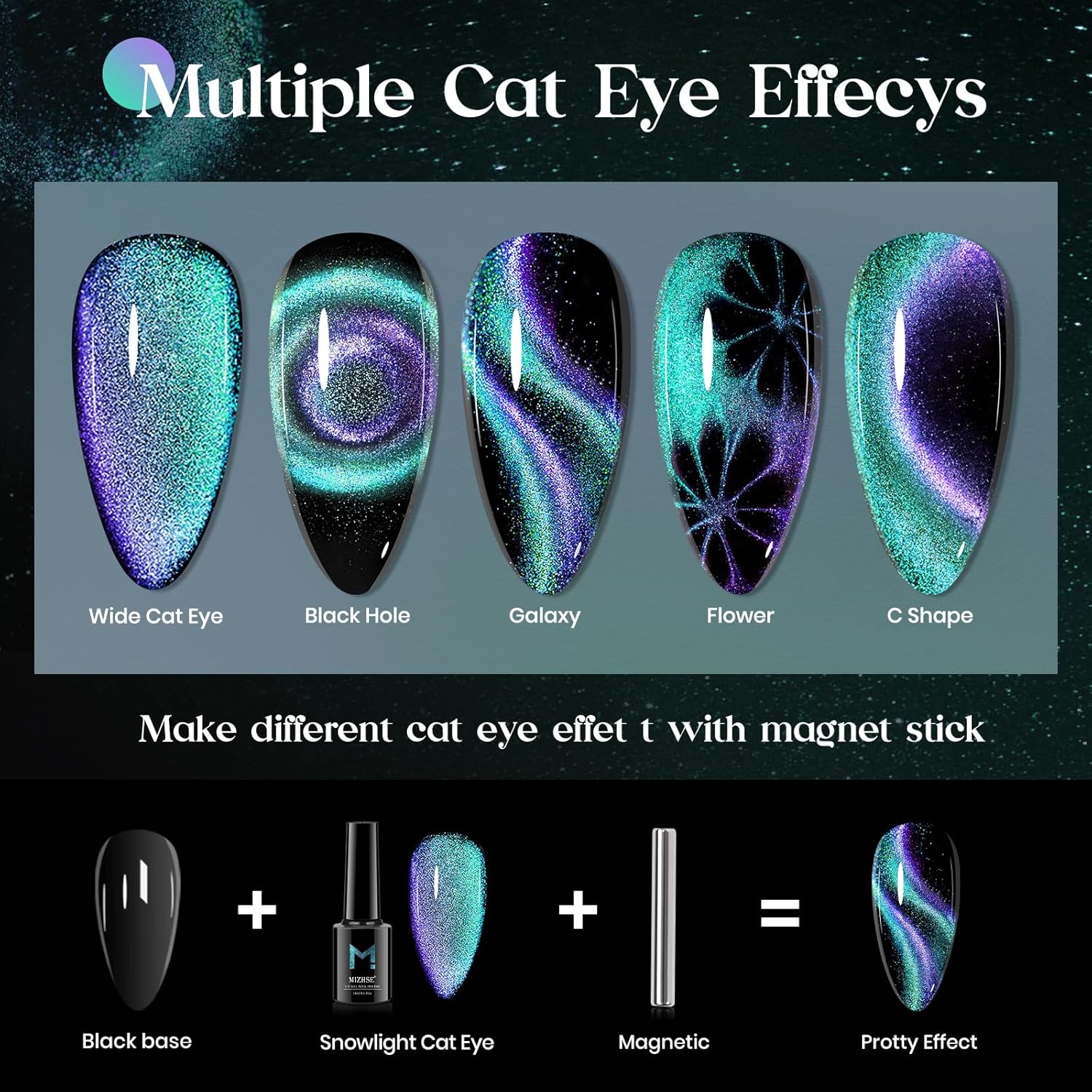 MIZHSE Chameleon – Esmalte de gel 9D de ojo de gato, 0.3 onzas líquidas, gel magnético holográfico de ojo de gato, galaxia holográfica, juego de