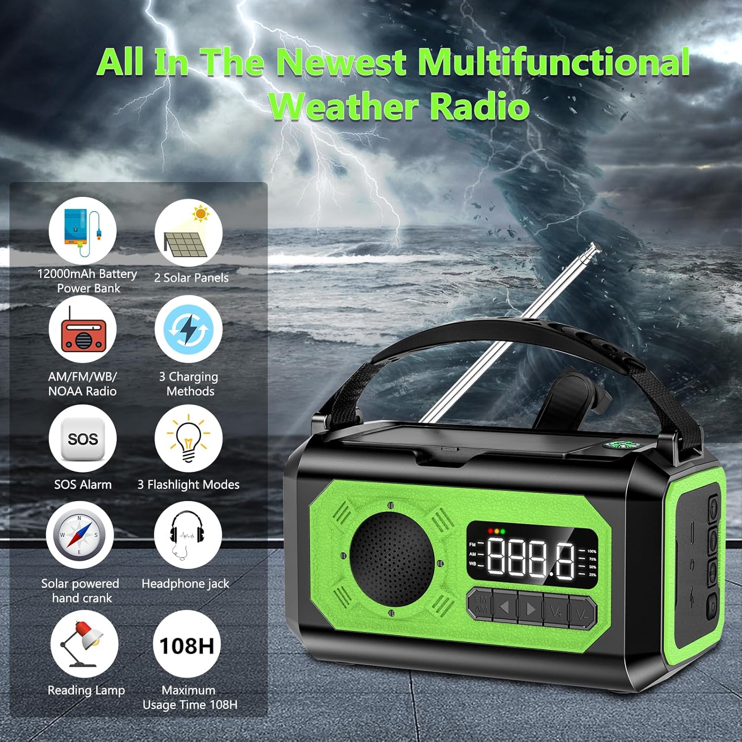 Radio meteorológica más reciente de 2023, radio meteorológica AMFMNOAA, radio meteorológica de emergencia, radio solar multifunción, 2 paneles