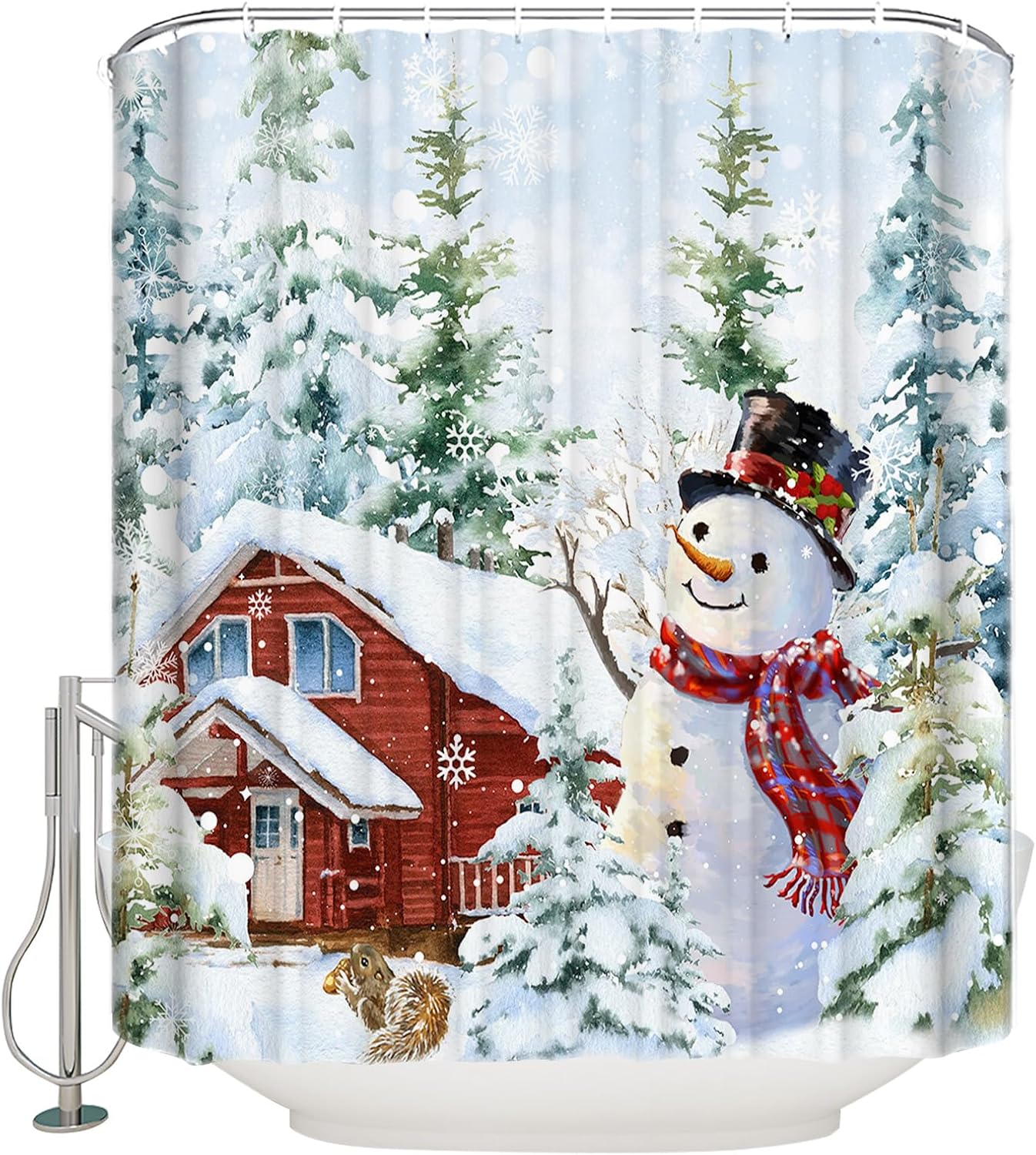 Winter Christmas Shower Curtain, Country Snowman Squirrel Waterproof Washable Boho Funny Cute Shower Curtains Set for Bathroom Farmhouse Bathtubs