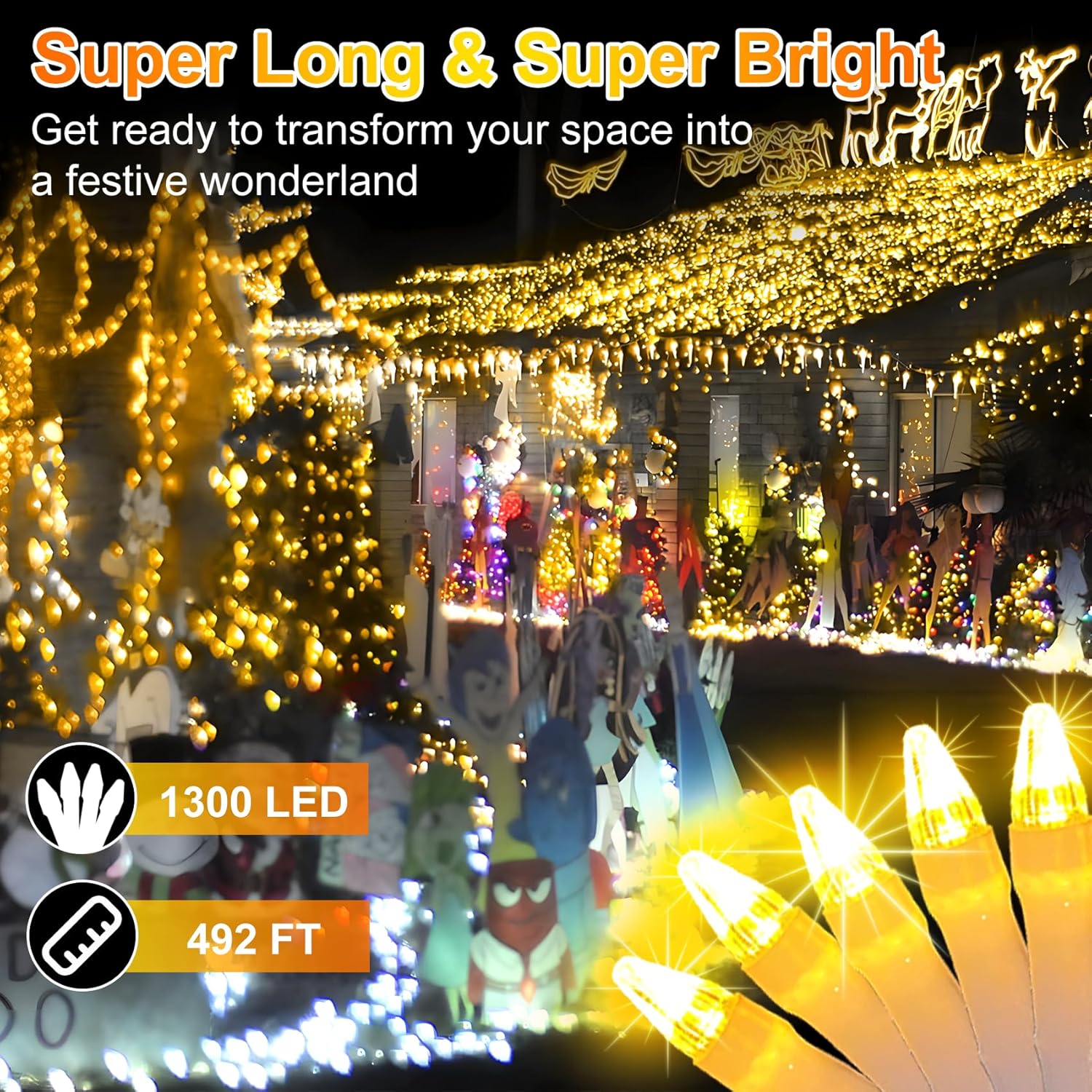 Luces de Navidad para exteriores de 492 pies, 1300 luces LED súper largas, 8 modos de iluminación y memoria de temporizador, cuerdas de luz