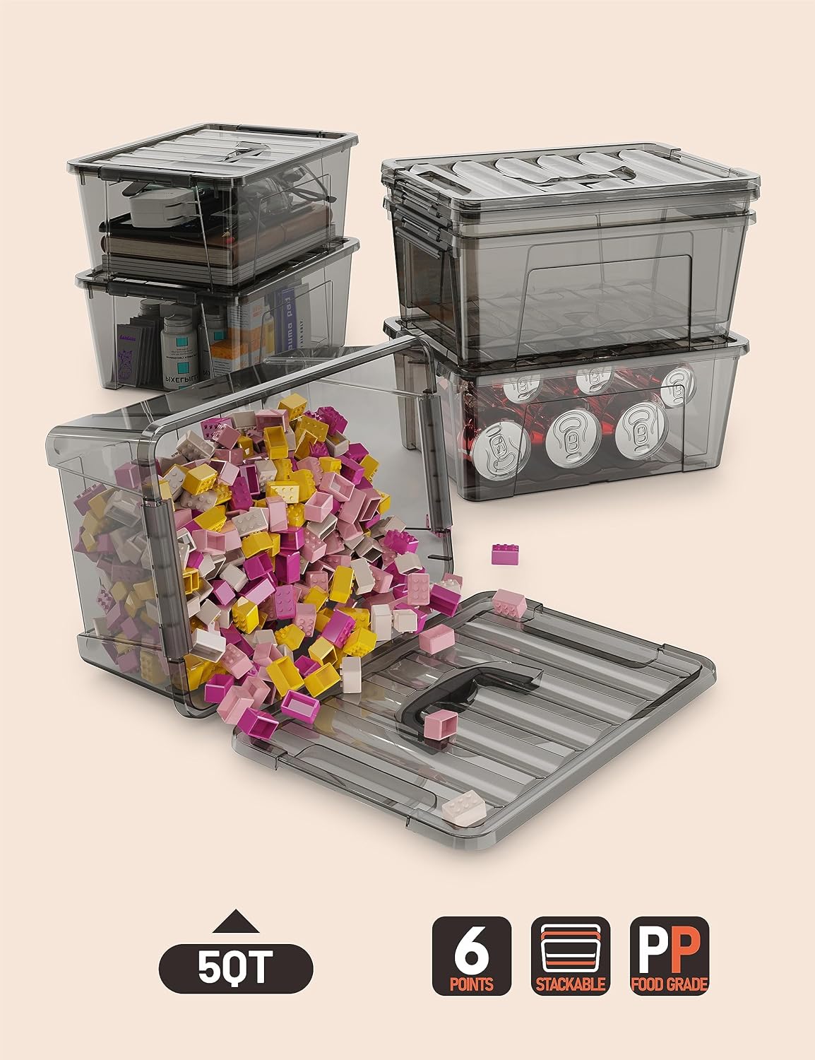 WYT Contenedor pequeño de plástico de 5 cuartos de galón con tapas seguras y hebillas de pestillo, organizador apilable duradero negro transparente,