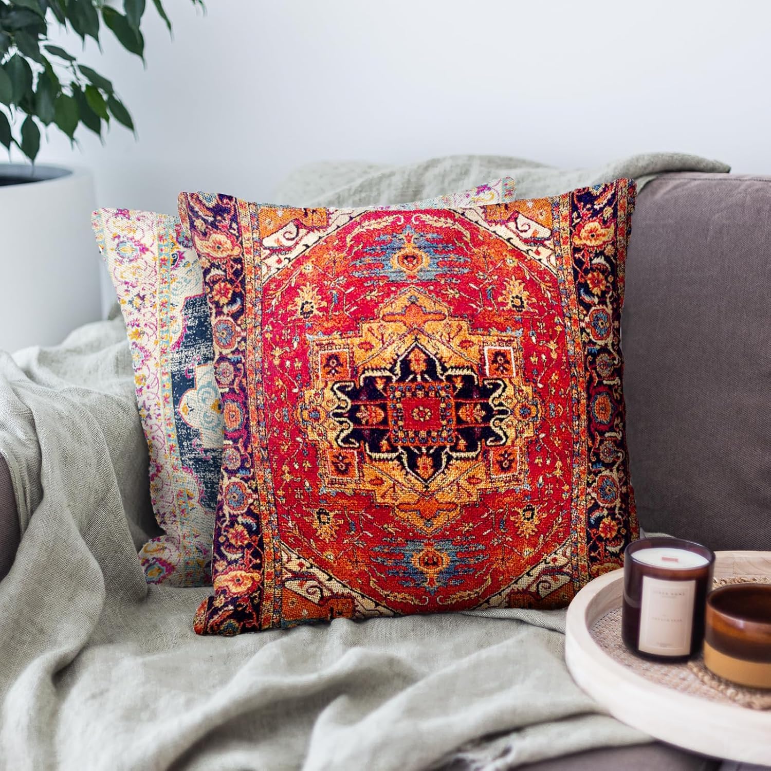 Knagsfa Funda de almohada bohemia de 18 x 18 pulgadas, funda de almohada persa vintage, funda de almohada decorativa étnica para el hogar,