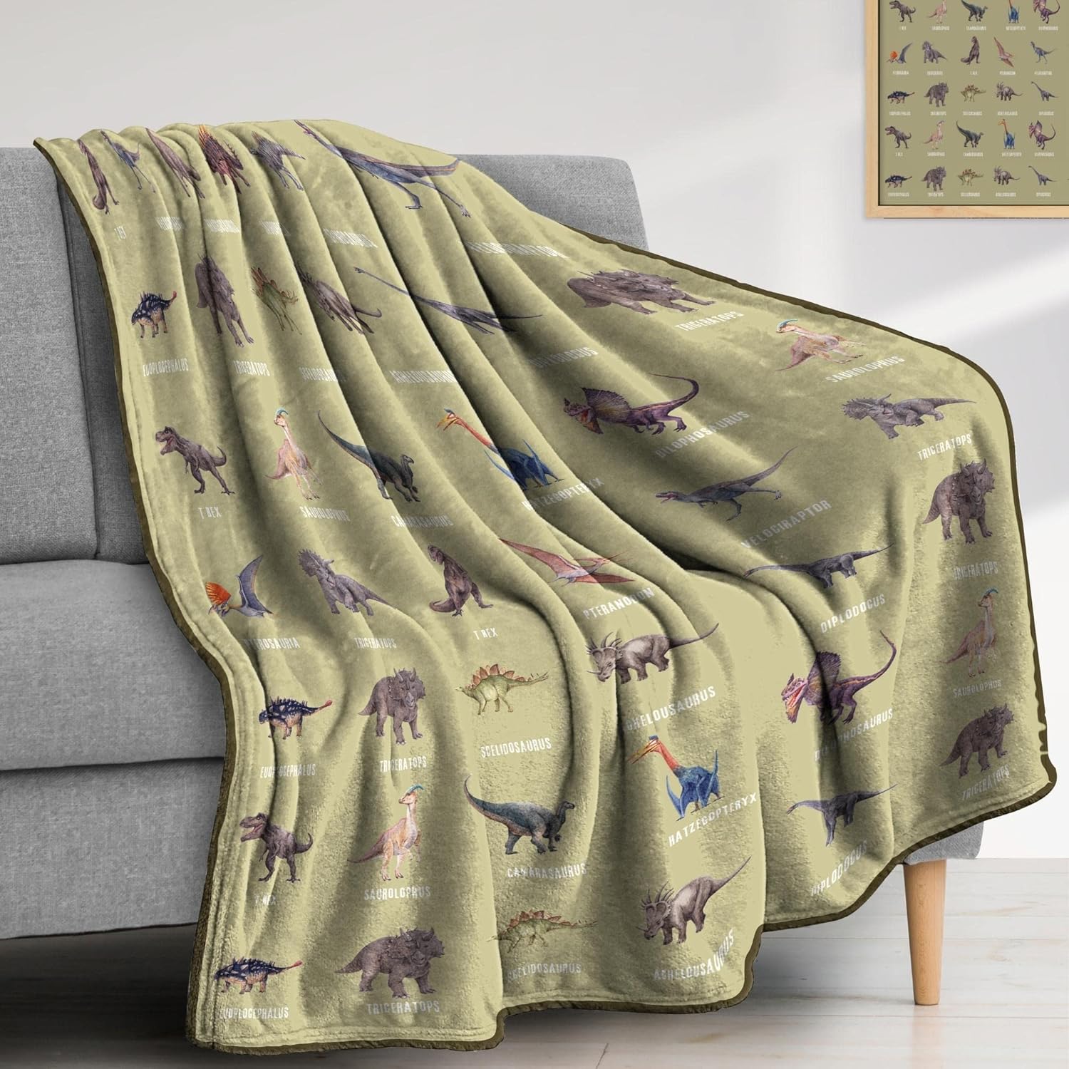 Manta de dinosaurio para niños y adultos, bonita manta de forro polar verde salvia para niños pequeños y niñas, manta suave y cálida de dinosaurio