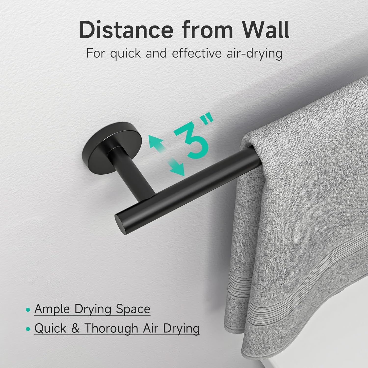 USHOWER Toallero negro mate, toallero de 24 pulgadas para baño montado en la pared, barra de toalla gruesa de acero inoxidable SUS304, decoración
