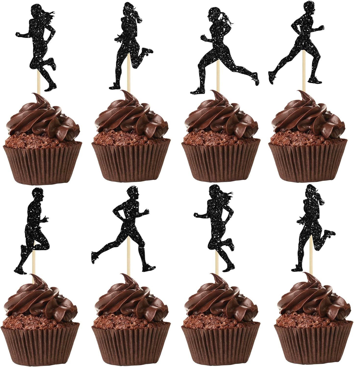 24 piezas de adornos para cupcakes para correr, con purpurina negra, para deportes, fitness, para correr, para niños y niñas, fiesta de cumpleaños,