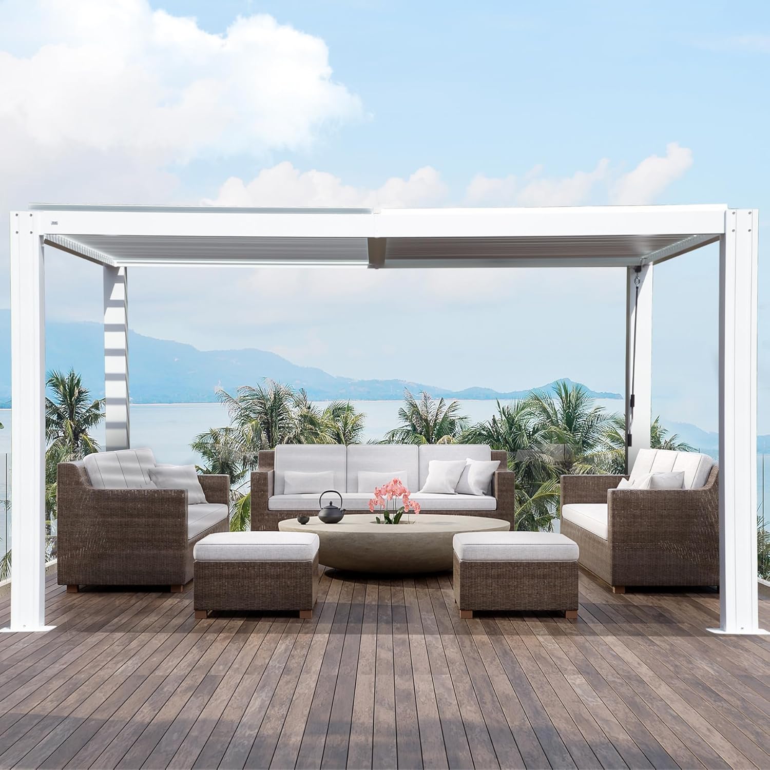 Domi – Pérgola con listones de 12 x 16 pies, pérgola impermeable de aluminio para exteriores, con techo ajustable para patio trasero, jardín y