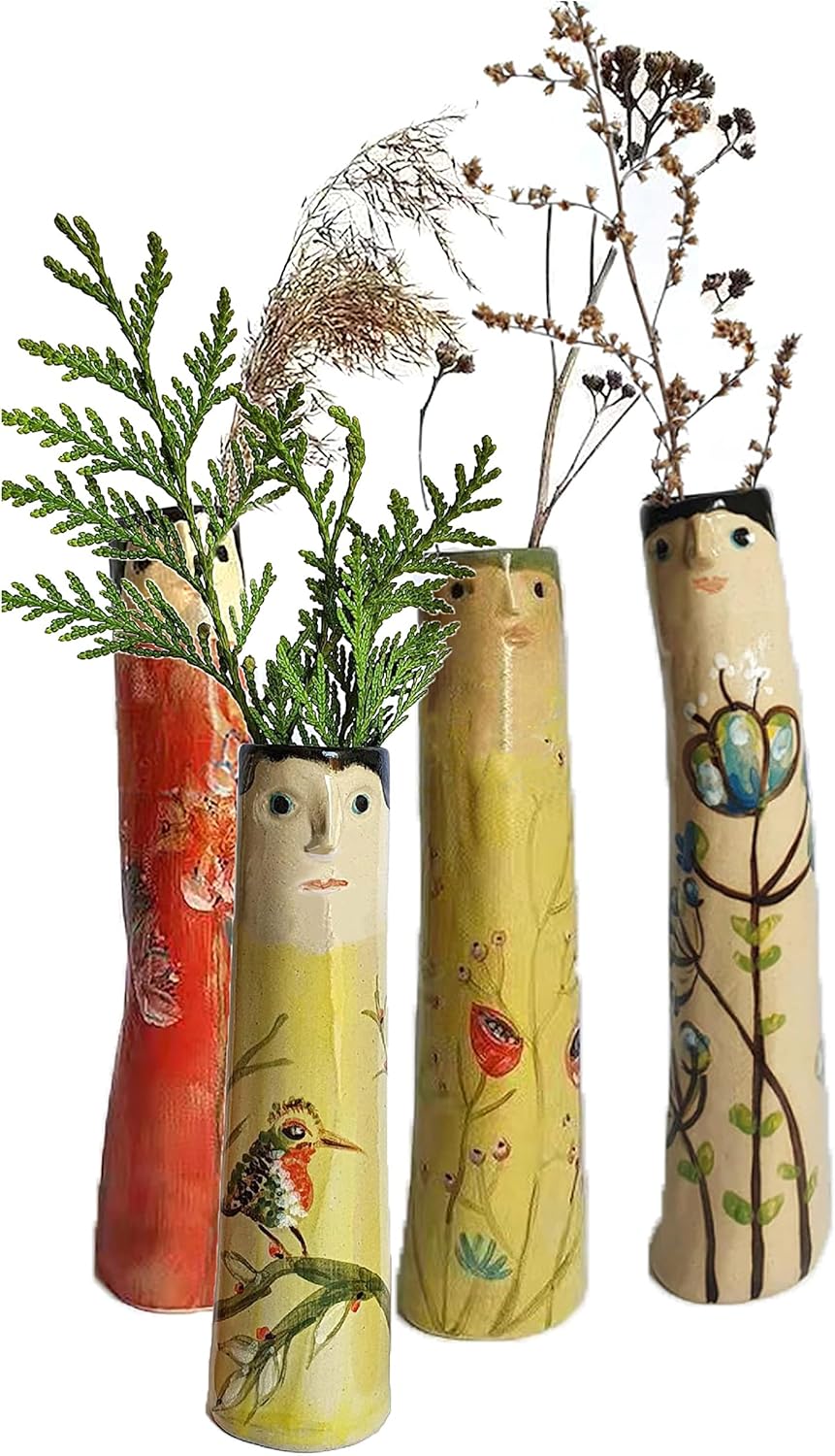 Floreros familiares de primavera, florero familiar bohemio de resina, bonito jarrón pintado a mano para niñas, bonito jarrón de personaje a mano,