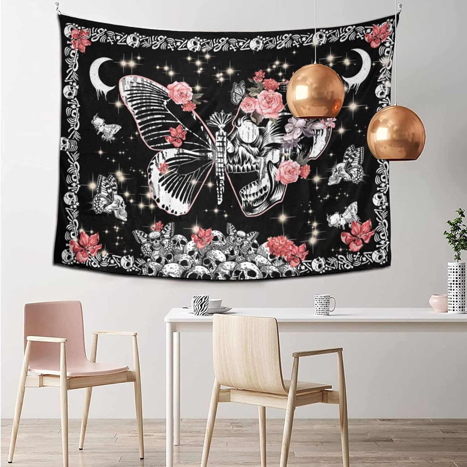 D-Story Tapiz para colgar en la pared, tapiz de calavera, esqueleto, luna, mariposa, flores, decoración del hogar, tapiz de pared de calavera, telón