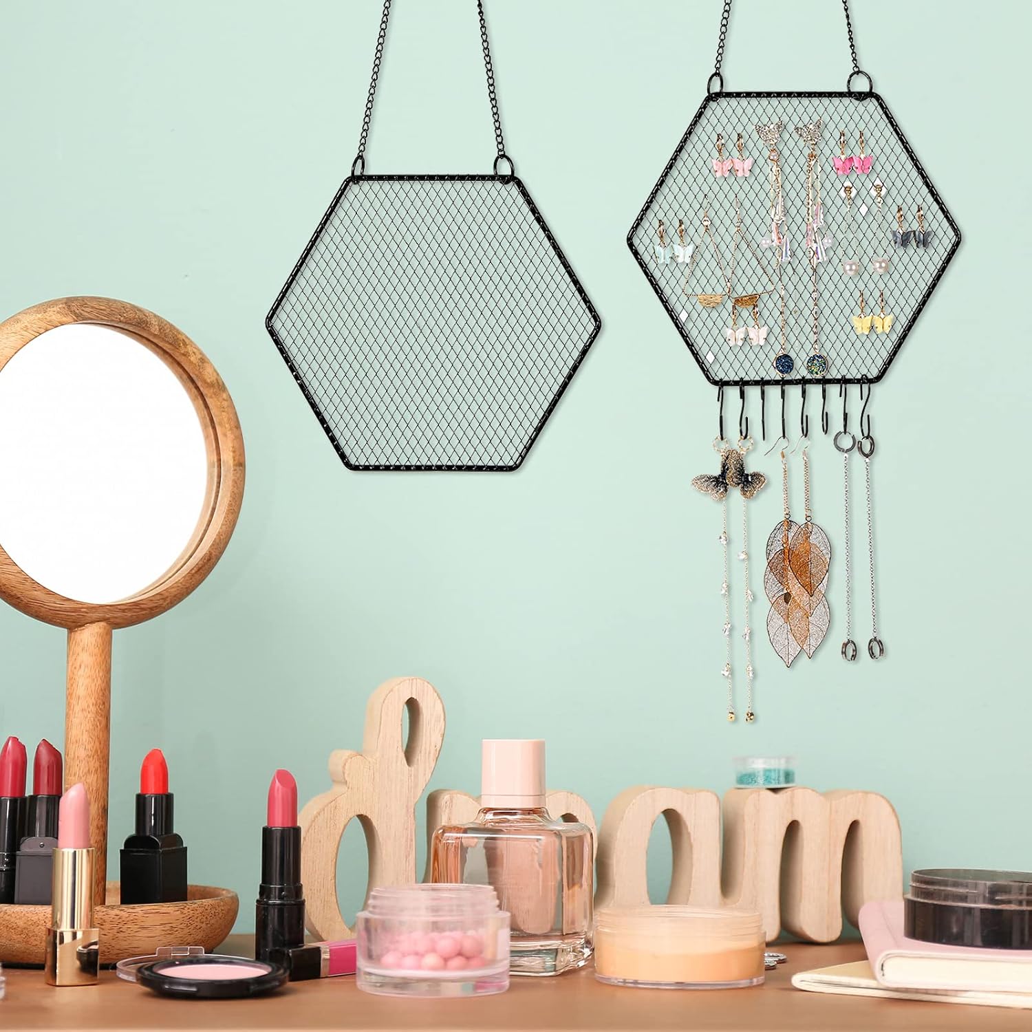 2 soportes de pared para aretes de pared, organizador de aretes colgantes, soporte decorativo con forma de cuadrícula de diamante, estante de
