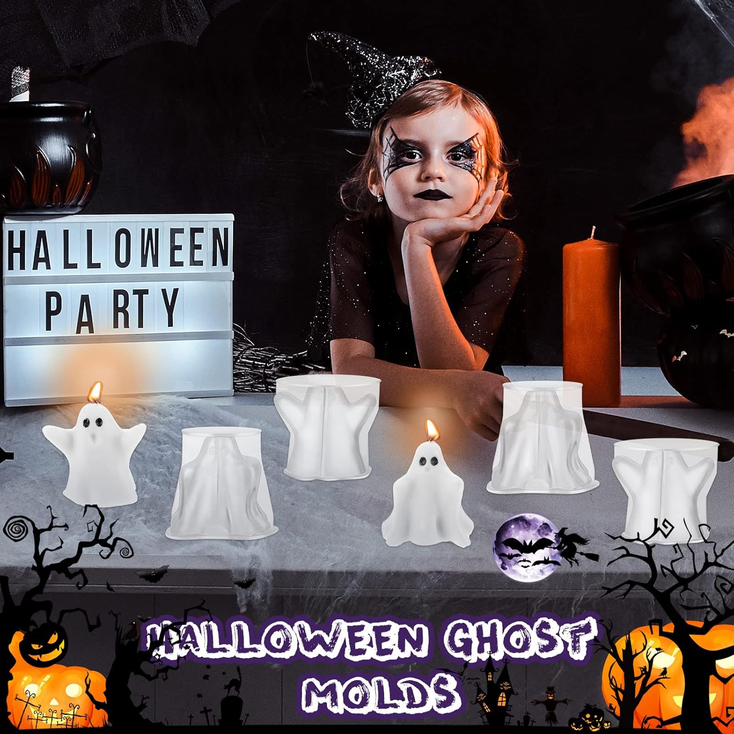 Moldes de vela de fantasma de Halloween para hacer velas, moldes de silicona en forma de fantasma 3D con mechas de vela, jabón de cera, molde de
