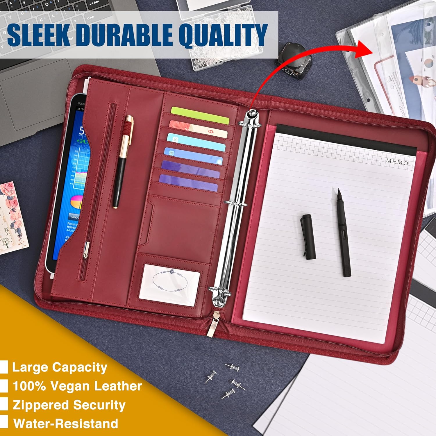 Padfolio – Carpeta organizadora con cremallera, para mujeres y hombres, con funda para documentos, portapapeles tamaño carta A4, tarjeteros