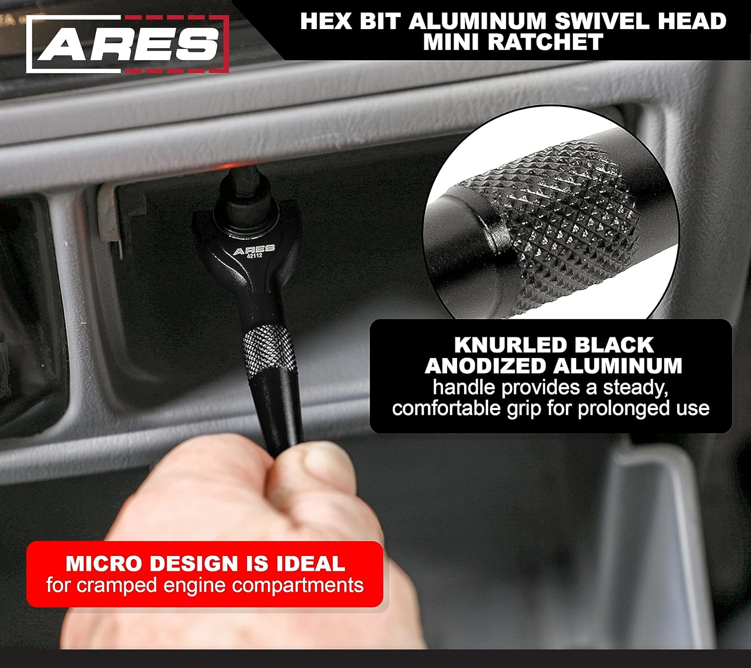 ARES 42112  Trinquete hexagonal de cabeza giratoria de 90 dientes negro de 14 pulgadas  Giratorio de 250 grados con inserto magnético para retención