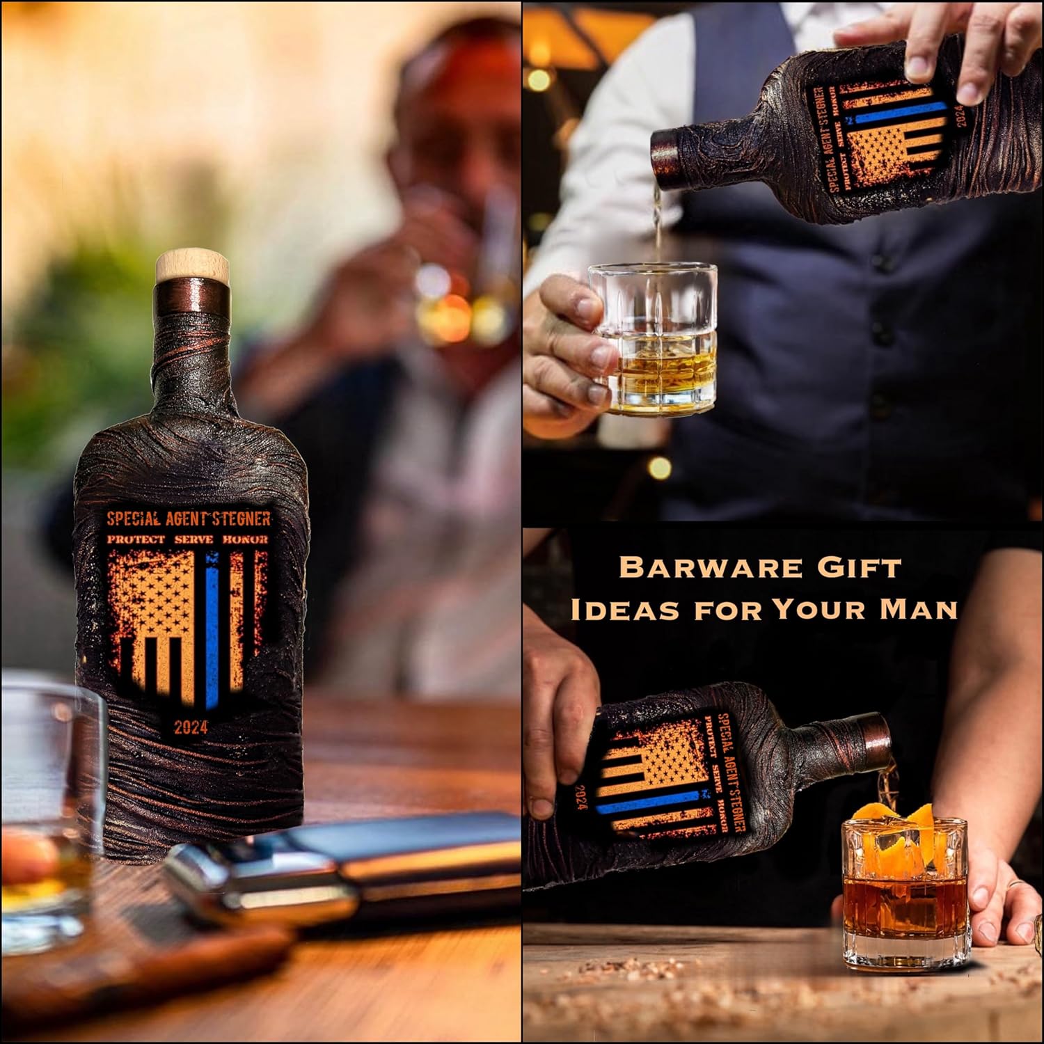 Personalized Police Whiskey Decanter Set for Men, Dad, Officer, Captain, Sergeant – Includes Custom Decanter, Glasses, Serving Board, Gift Box –