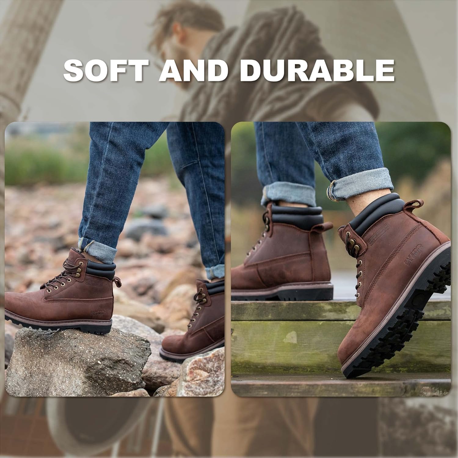 SAFETY LOONG Botas de trabajo con punta de acero para hombre, impermeables, de cuero real, antideslizantes