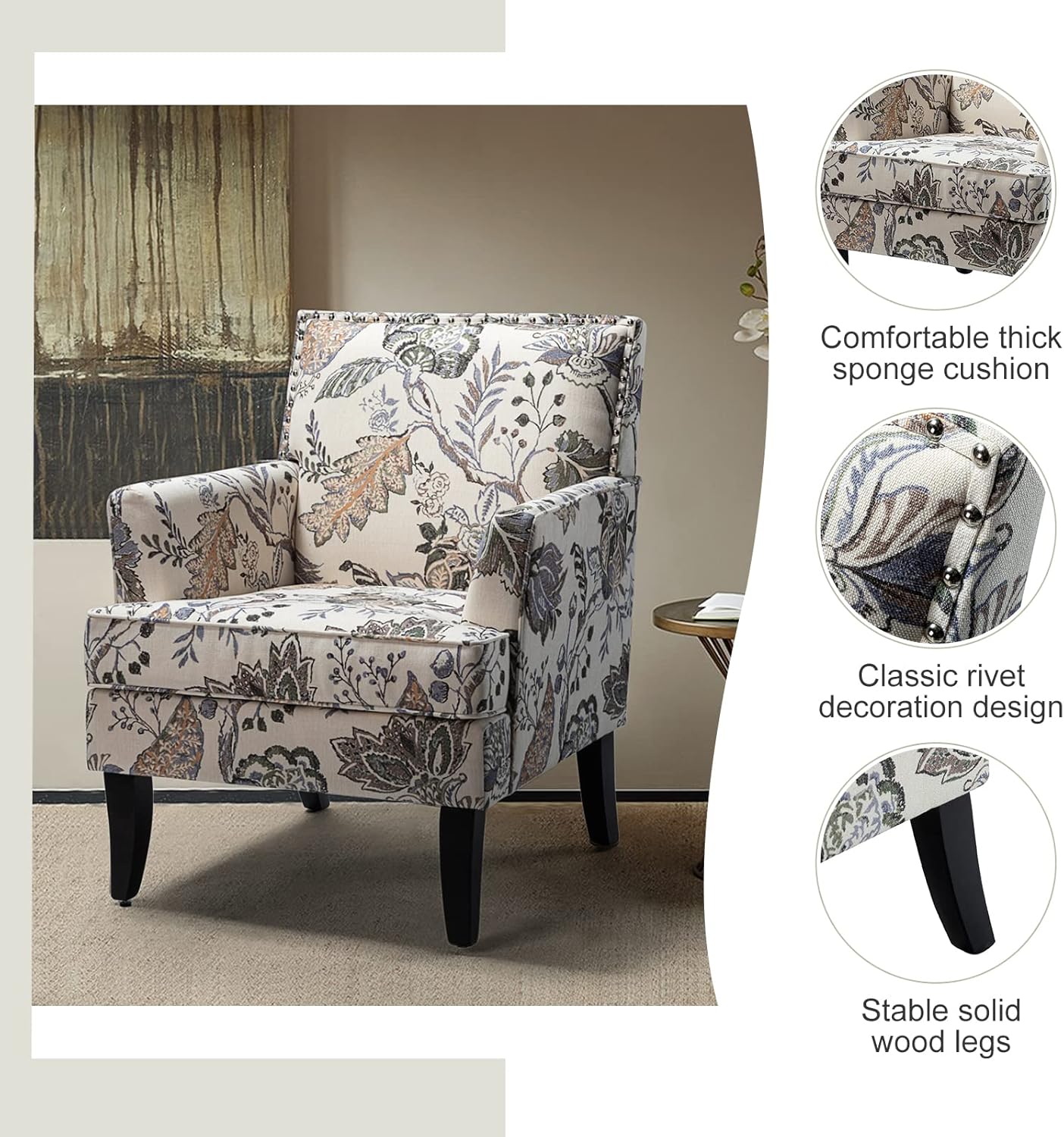 HULALA HOME Silla decorativa moderna con brazos y patas de madera, silla decorativa con estampado floral, respaldo alto, reposabrazos acolchado y
