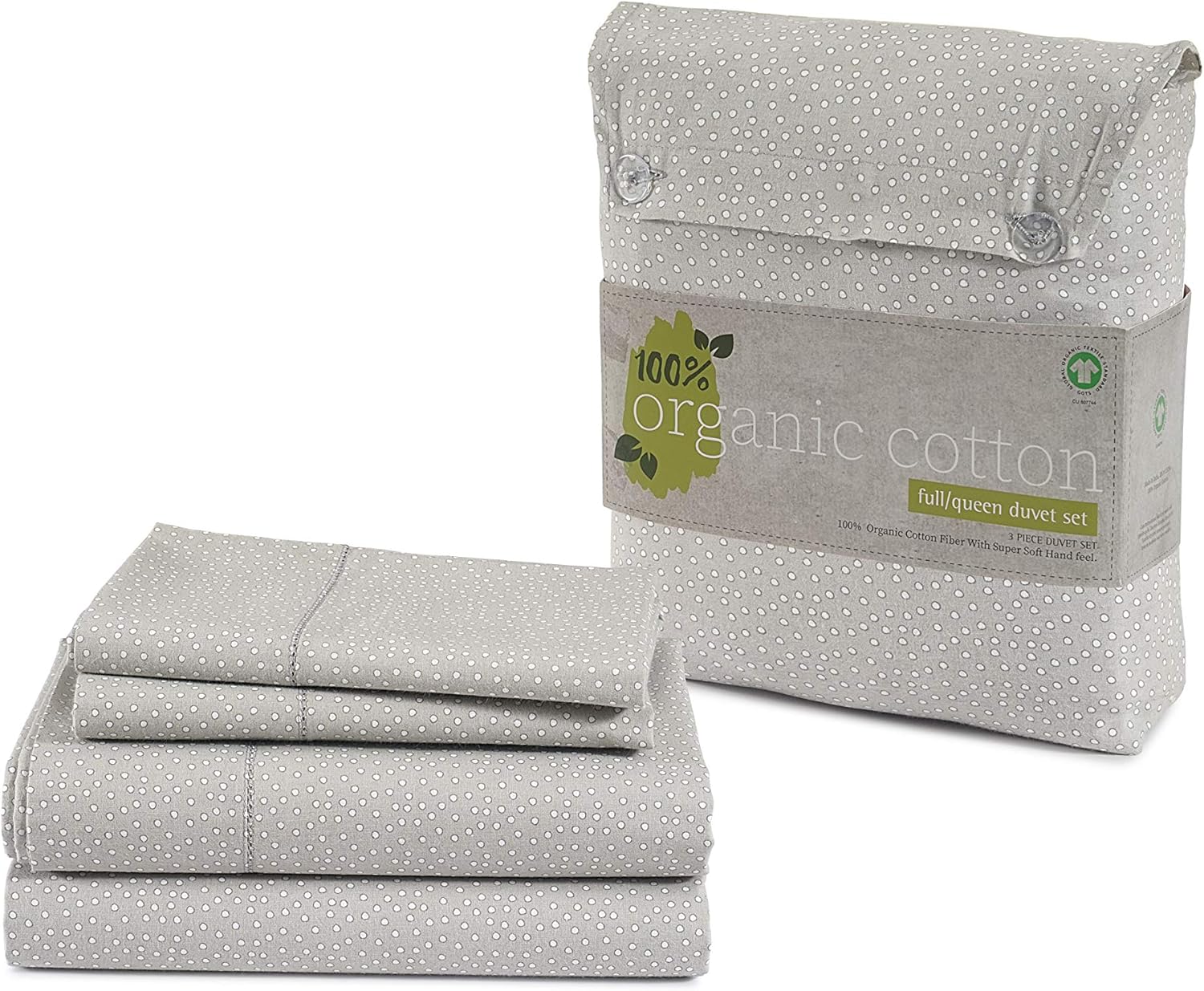 Casa Platino – Juego de funda de edredón 100% algodón orgánico, tamaño matrimonial o queen, color gris con lunares blancos, tejido de percal de