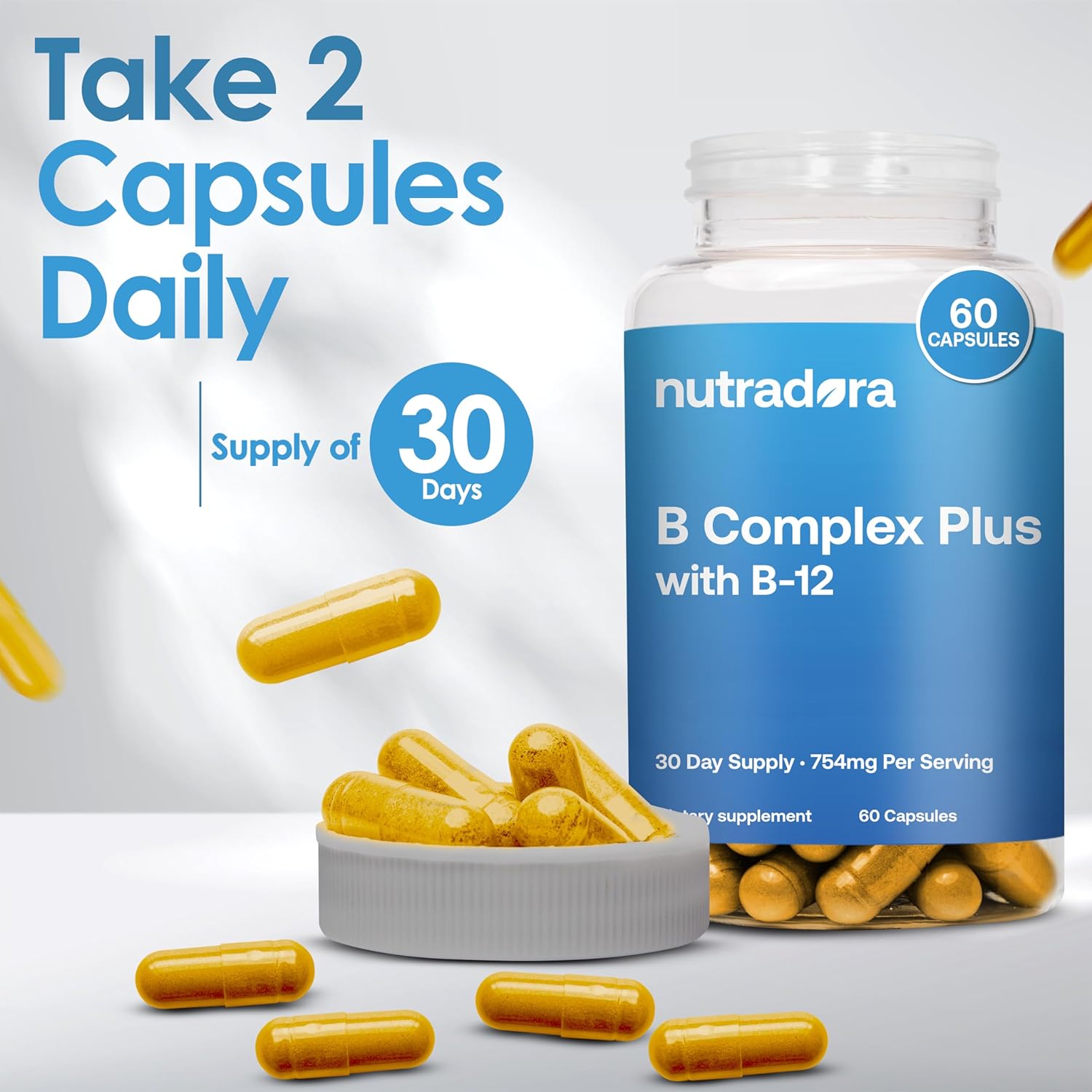 Nutradora Vitaminas del complejo B para mujeres y hombres, suplemento del complejo de vitamina B para la salud celular, crecimiento de glóbulos