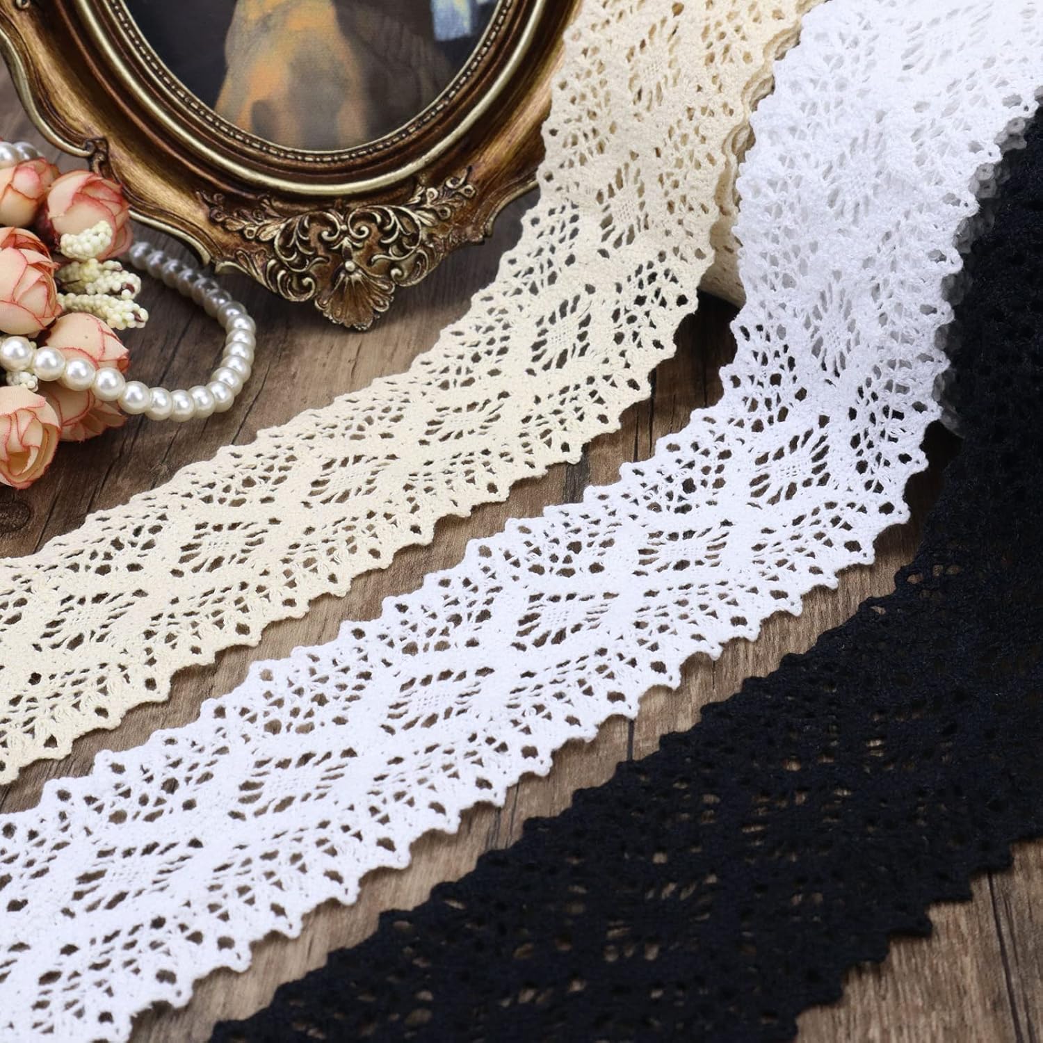 Cinta de encaje beige de 8 yardas con ribete de encaje de ganchillo extra ancha de algodón para manualidades, envoltura de paquetes de regalo,