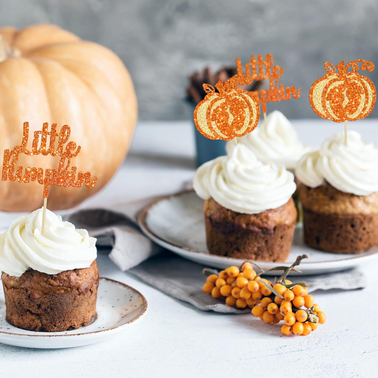 Gyufise 24 adornos para cupcakes de calabaza con purpurina con temática de otoño, decoración de cupcakes para baby shower, pies de bebé, palillos