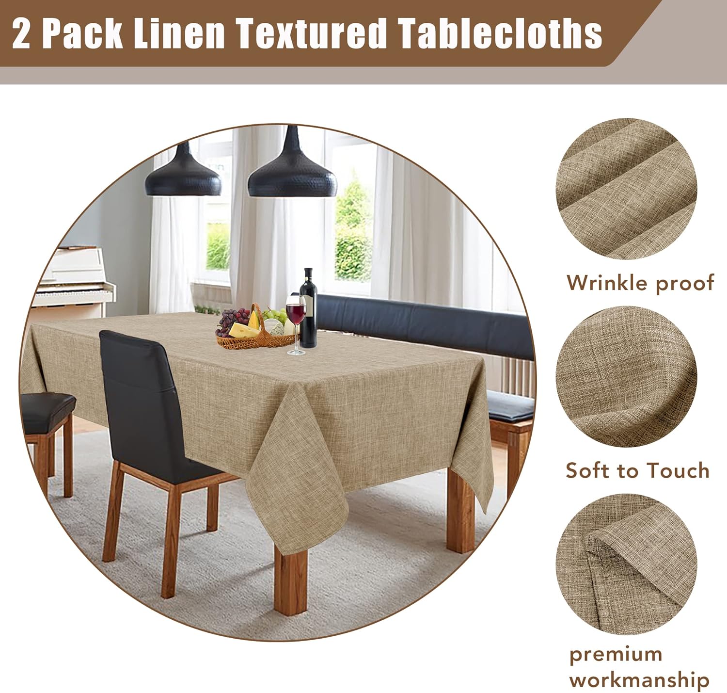 Fitable Mantel rectangular de lino sintético de 60 x 102 pulgadas, paquete de 2 manteles color caqui para mesas de 6 pies, fundas de mesa de cocina