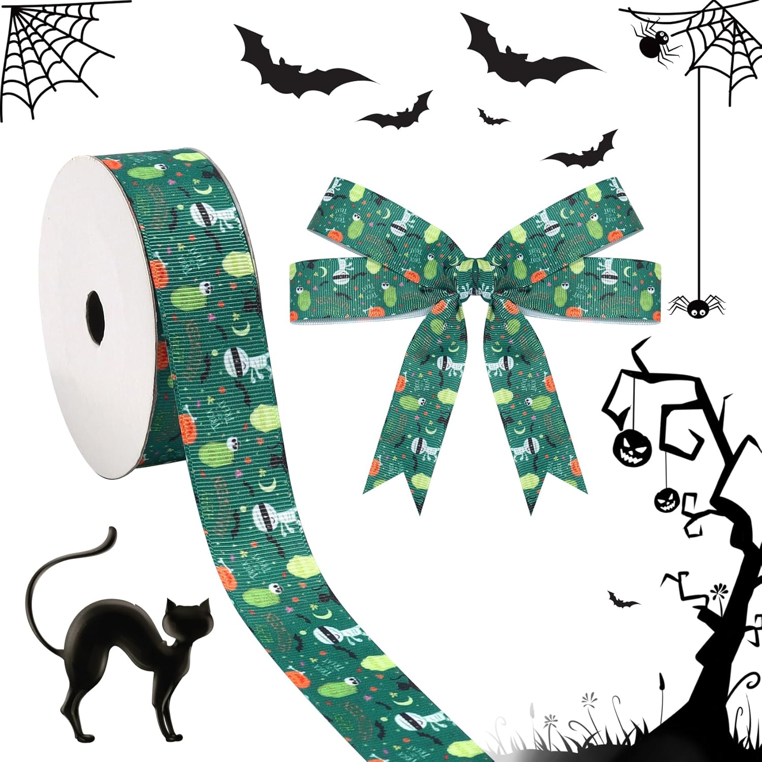 Hiswan Cinta de grogrén de 1 pulgada para envolver regalos, decoración de Halloween, calabaza, gato negro, fantasma, manualidades, cinta fina para