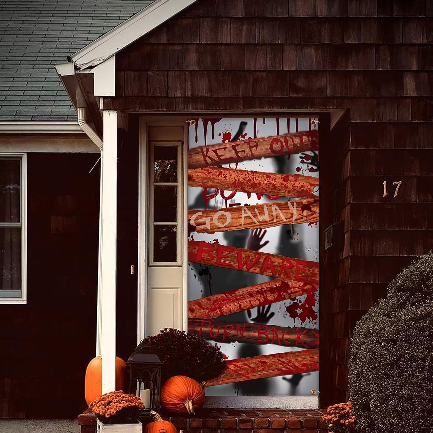 Large Halloween Zombie Door Cover, 35X73 Inch Bloody Handprint Halloween Front Door Cover Decoration Shadowy Figure Halloween Poster Scary Haunted