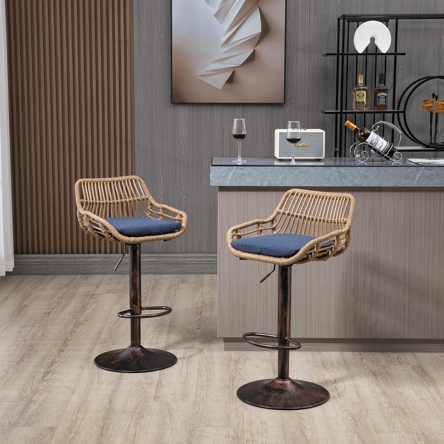 HomSof Juego de 2 taburetes giratorios de ratán de altura de mostrador ajustable con reposapiés para cocina, comedor