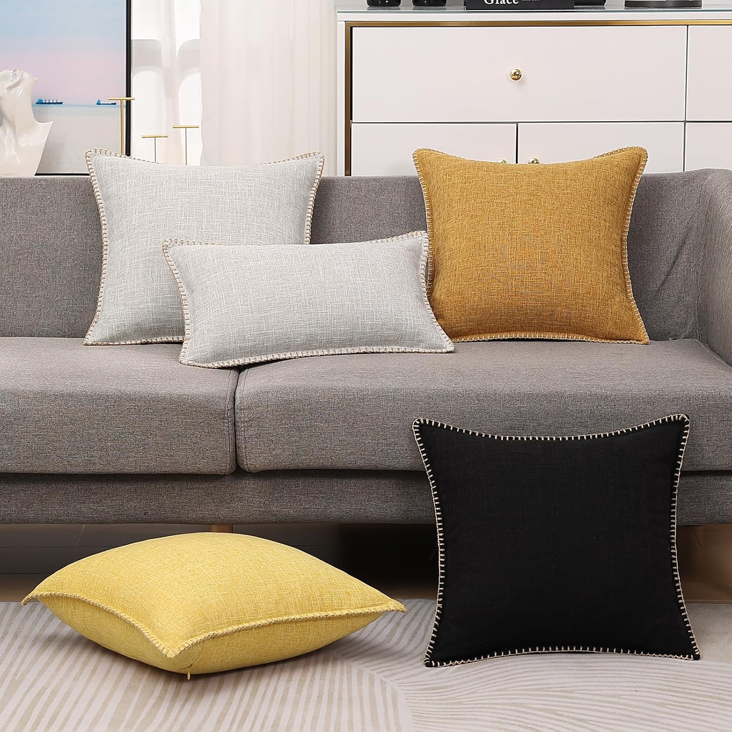 decorUhome Juego de 2 fundas de almohada decorativas de otoño para exteriores de 26 x 26 pulgadas, fundas cuadradas de lino con borde cosido, fundas