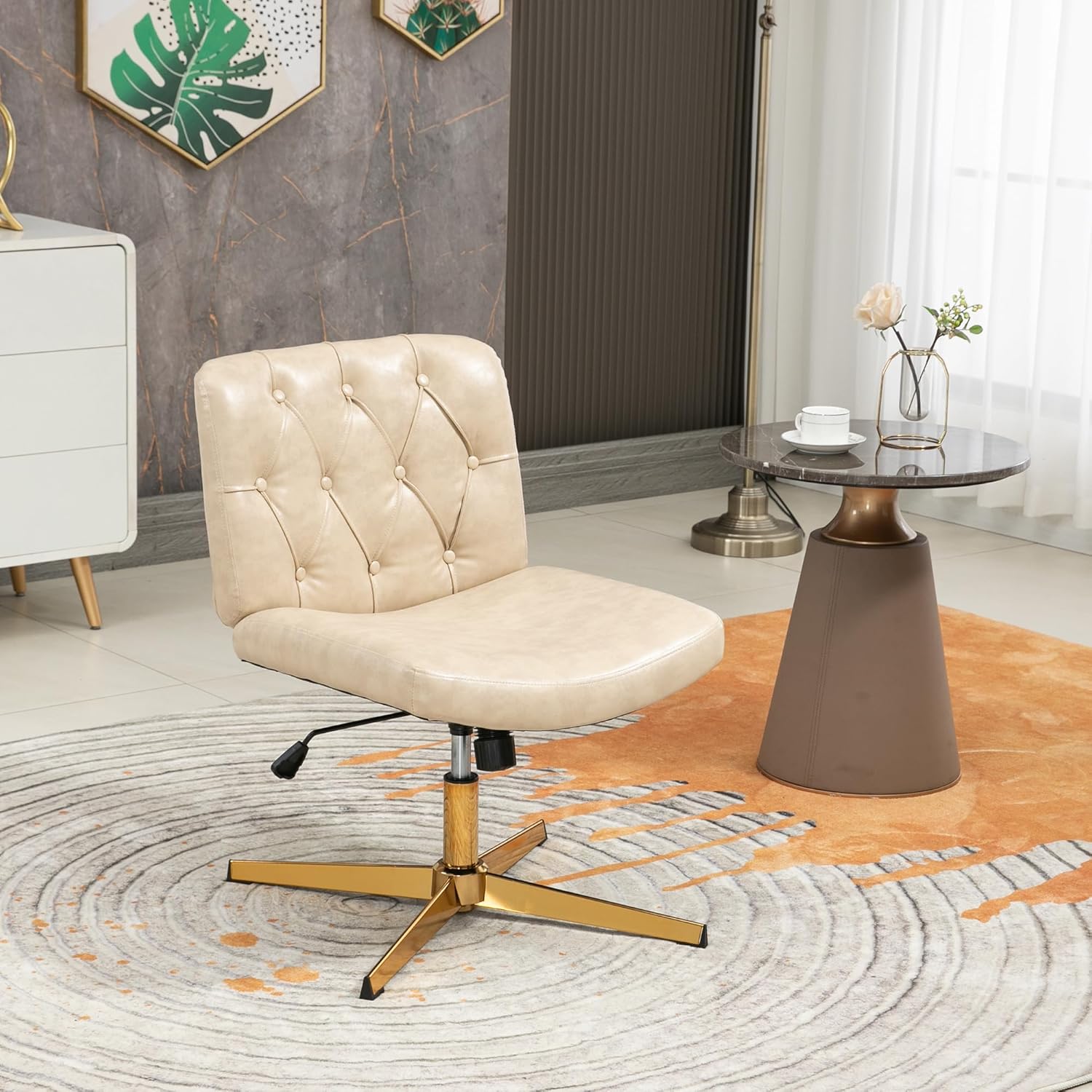 HomVent Silla de escritorio de oficina sin brazos sin ruedas, silla de escritorio acolchada de piel sintética, moderna silla de escritorio