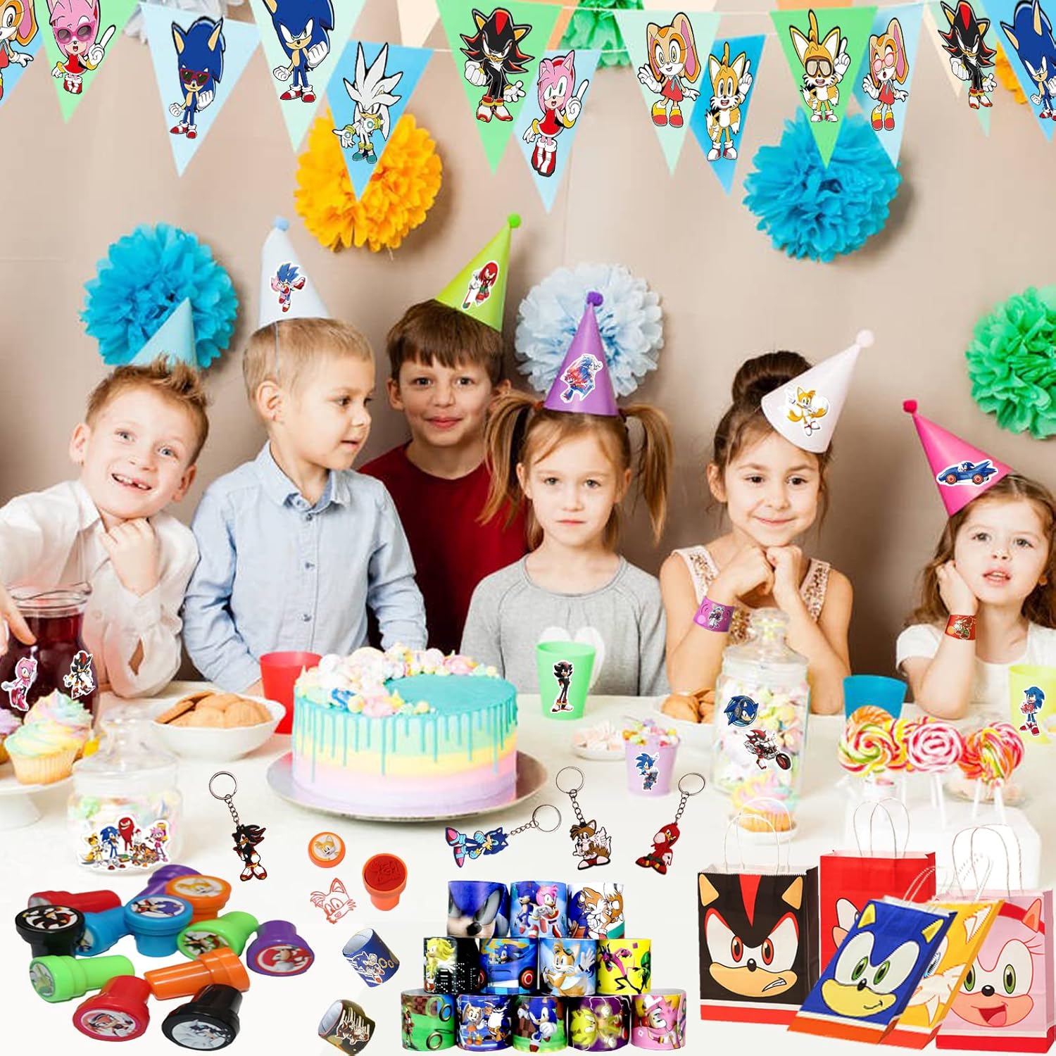 Anwaterfar 110 Pcs Birthday Party Supplies for Kids, Cartoon Themed Party Favors with Goodie Bags,Keychain,Stampers,Stickers,Birthday Carnival