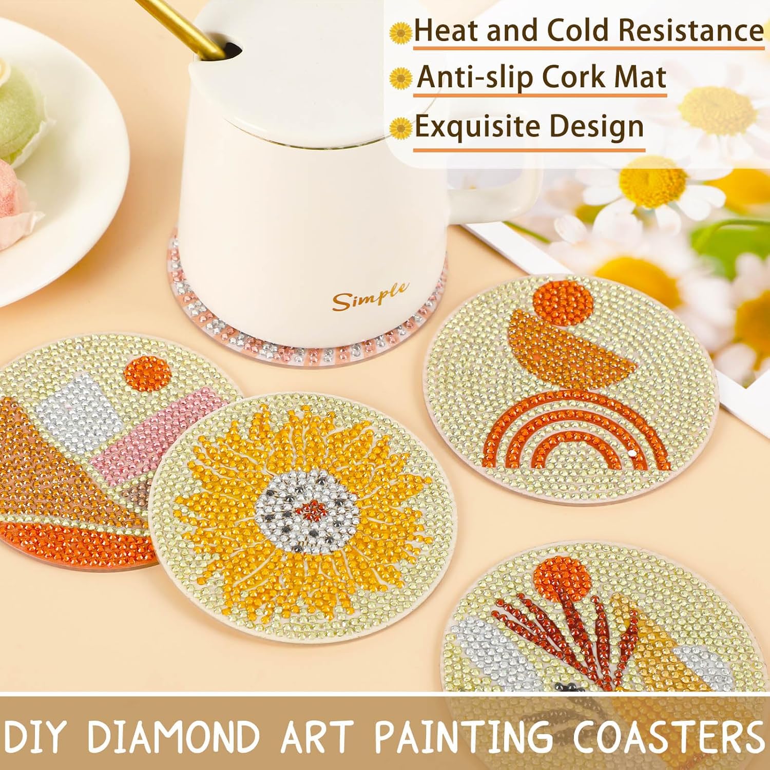UPINS 8 posavasos bohemios de pintura de diamantes para bebidas, kits de arte de diamantes para adultos, niños, principiantes, suministros de arte