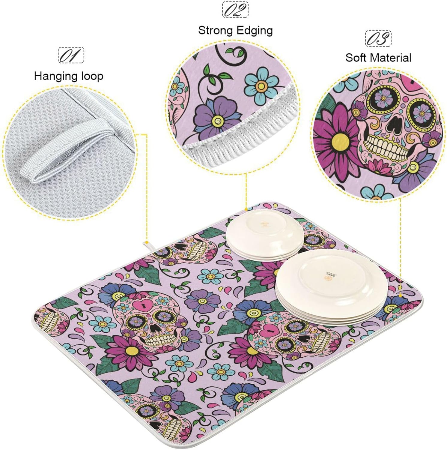Festive Sugar Skulls Drying Dish Mat Washnable Absorbent Kitchen Countertop Decor Drying Mats For Countertop Tapete Para Cocina 16” x 18”