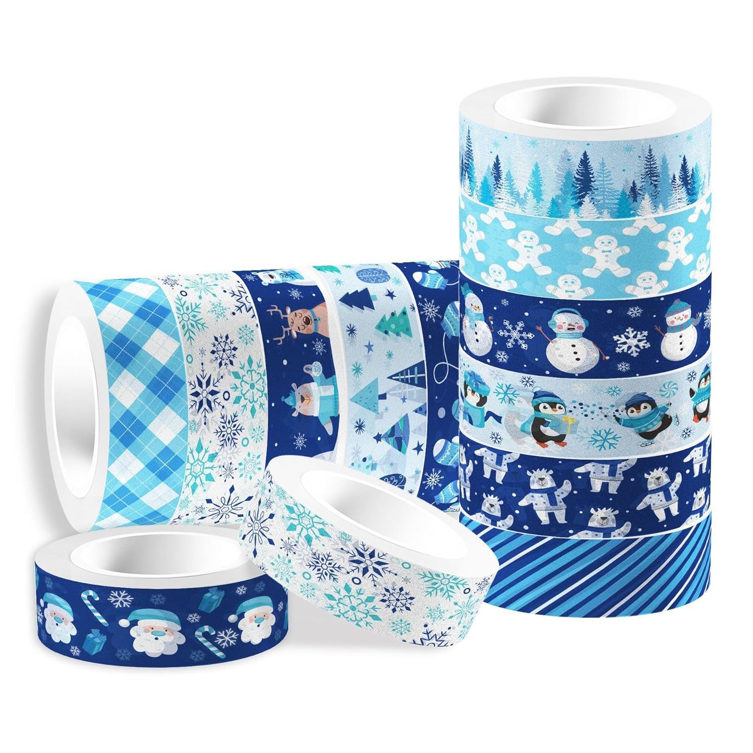 12 rollos de cinta Washi de Navidad de invierno, muñeco de nieve, muñeco de nieve, hombre de jengibre, cinta adhesiva decorativa de animales azules