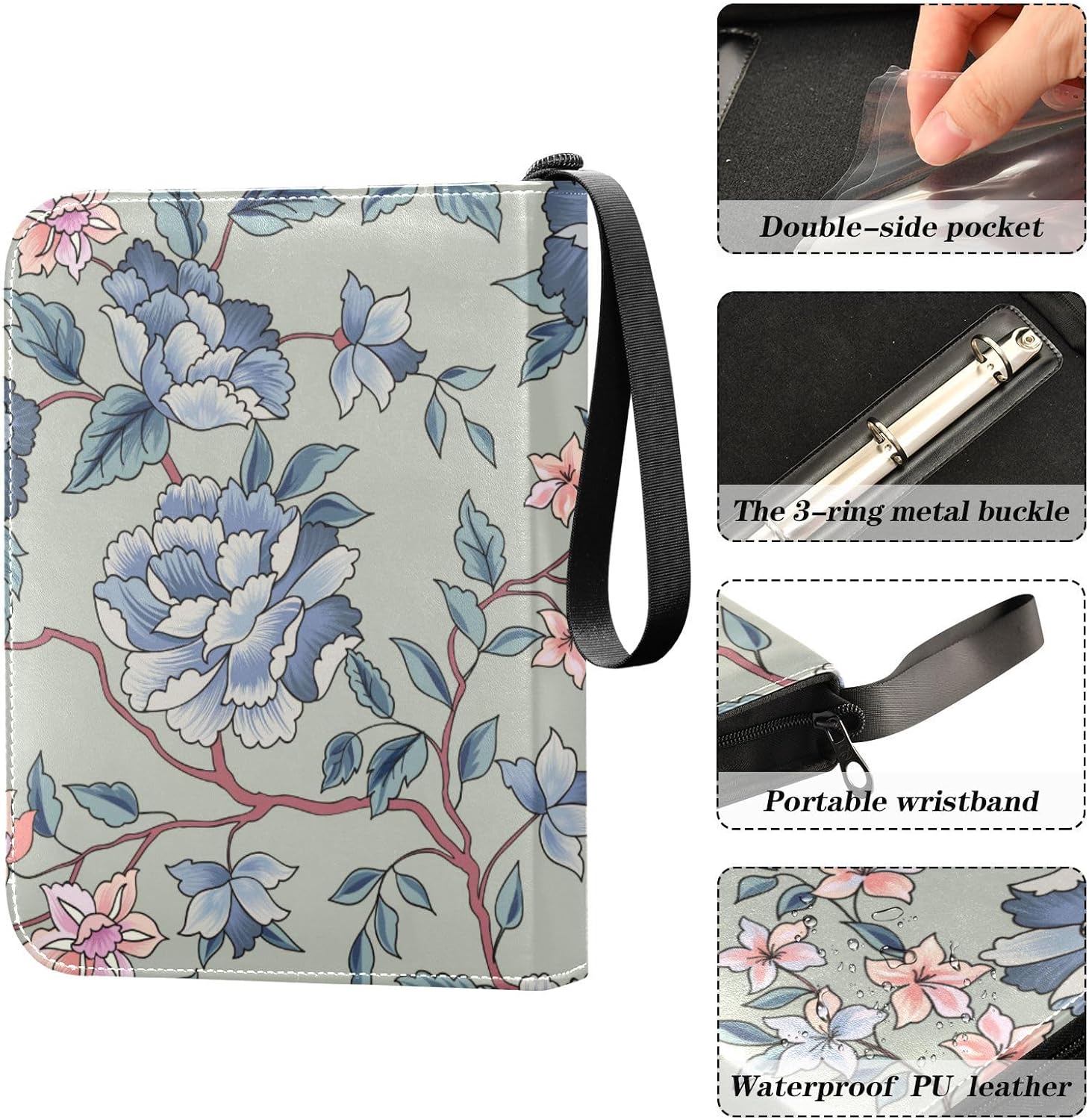 Flowers Trading Card Binder 4-Pocket Card Holder with 50 Removable Sleeves 3-Ring Card Albums Binder Holds Up to 400 Cards Card Organizer Folders