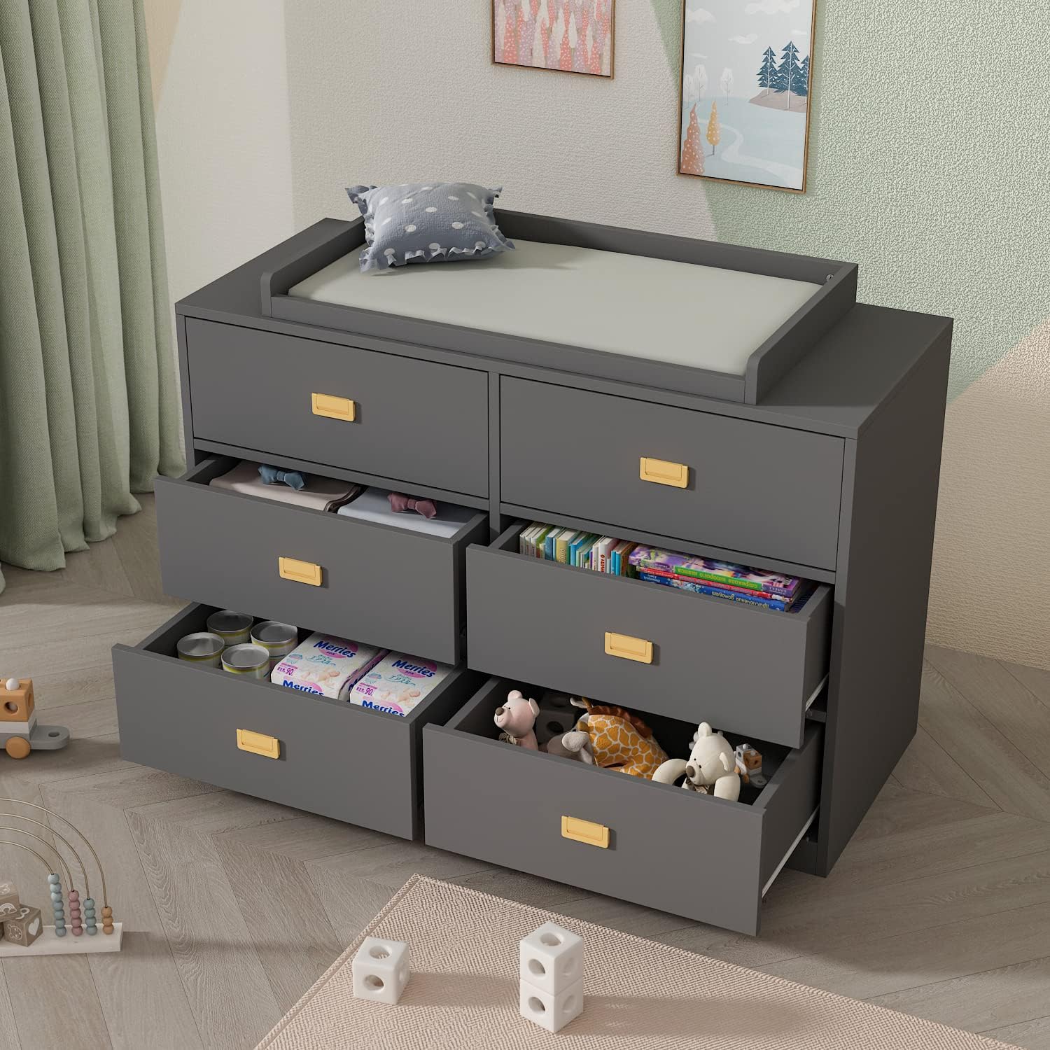 AIEGLE Cómoda para bebé con 6 cajones y cambiador, cómoda para dormitorio de niños, organizador de almacenamiento de madera en gris (45.1 pulgadas