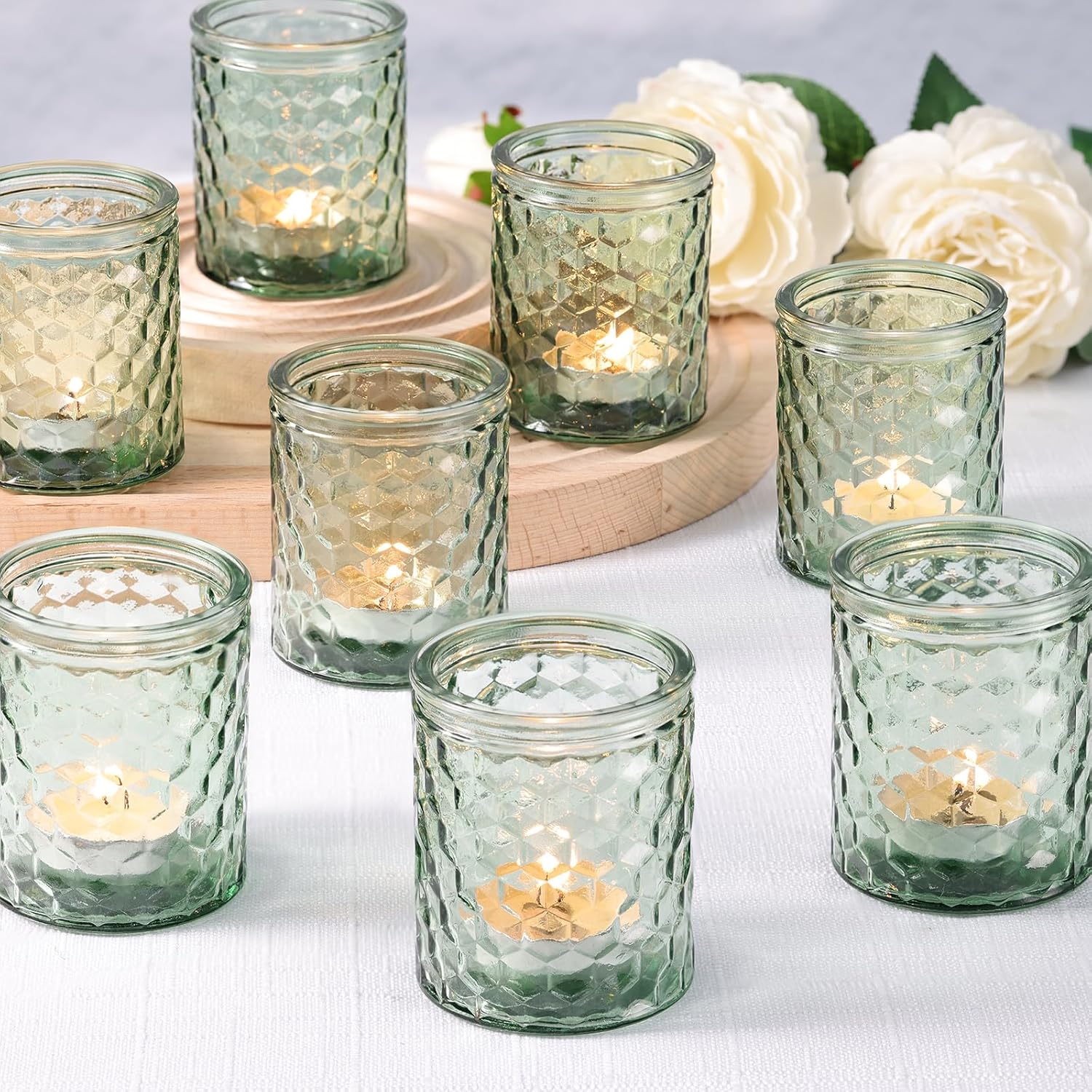 12 portavelas votivas verdes, candelabros de cristal para decoración del hogar, suministros de fiesta y decoración navideña