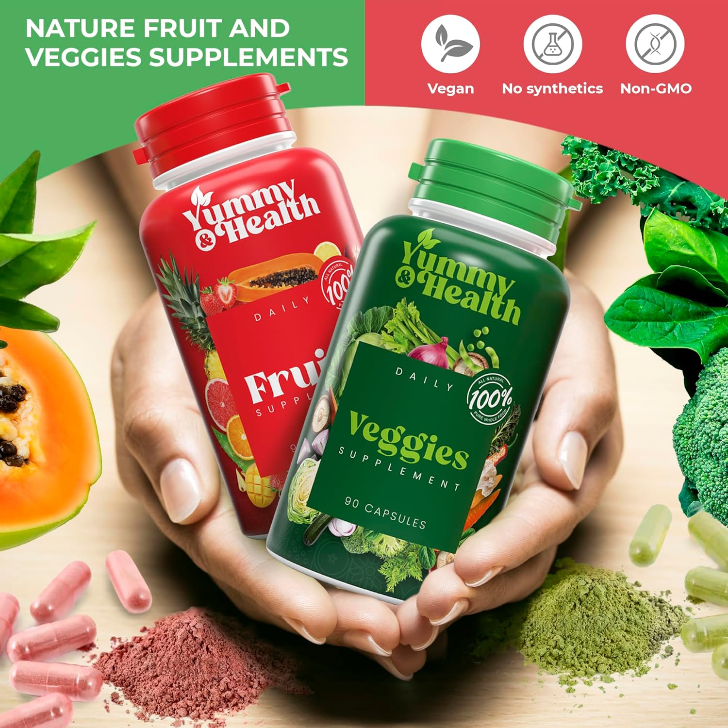 YUMMY & HEALTH Suplemento de frutas y verduras, hecho con superalimentos, 90 cápsulas de frutas y 90 vegetales, fórmula de bienestar para apoyar el