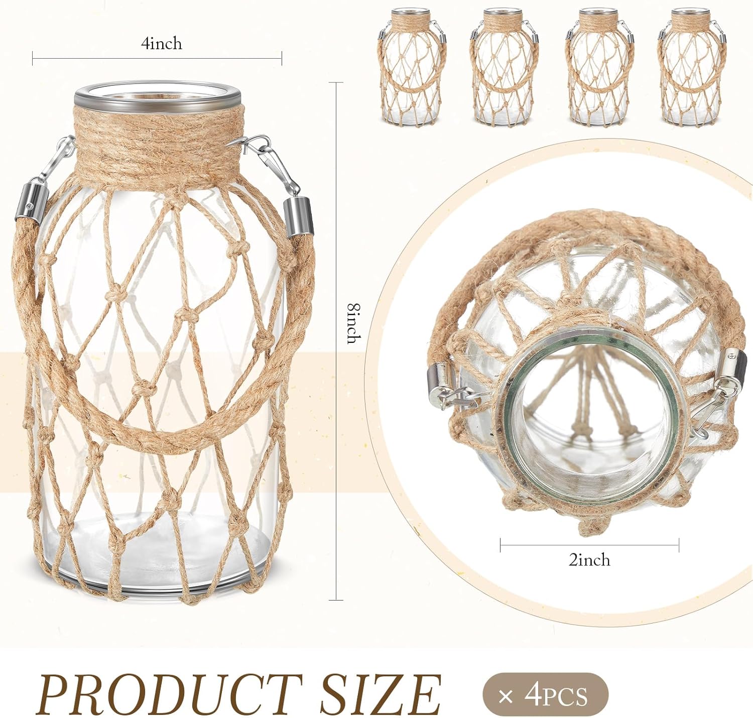 Juego de 4 jarrones de mimbre con diseño de flores secas, jarrón de mimbre rústico para colgar, frascos decorativos para envolver botellas náuticas