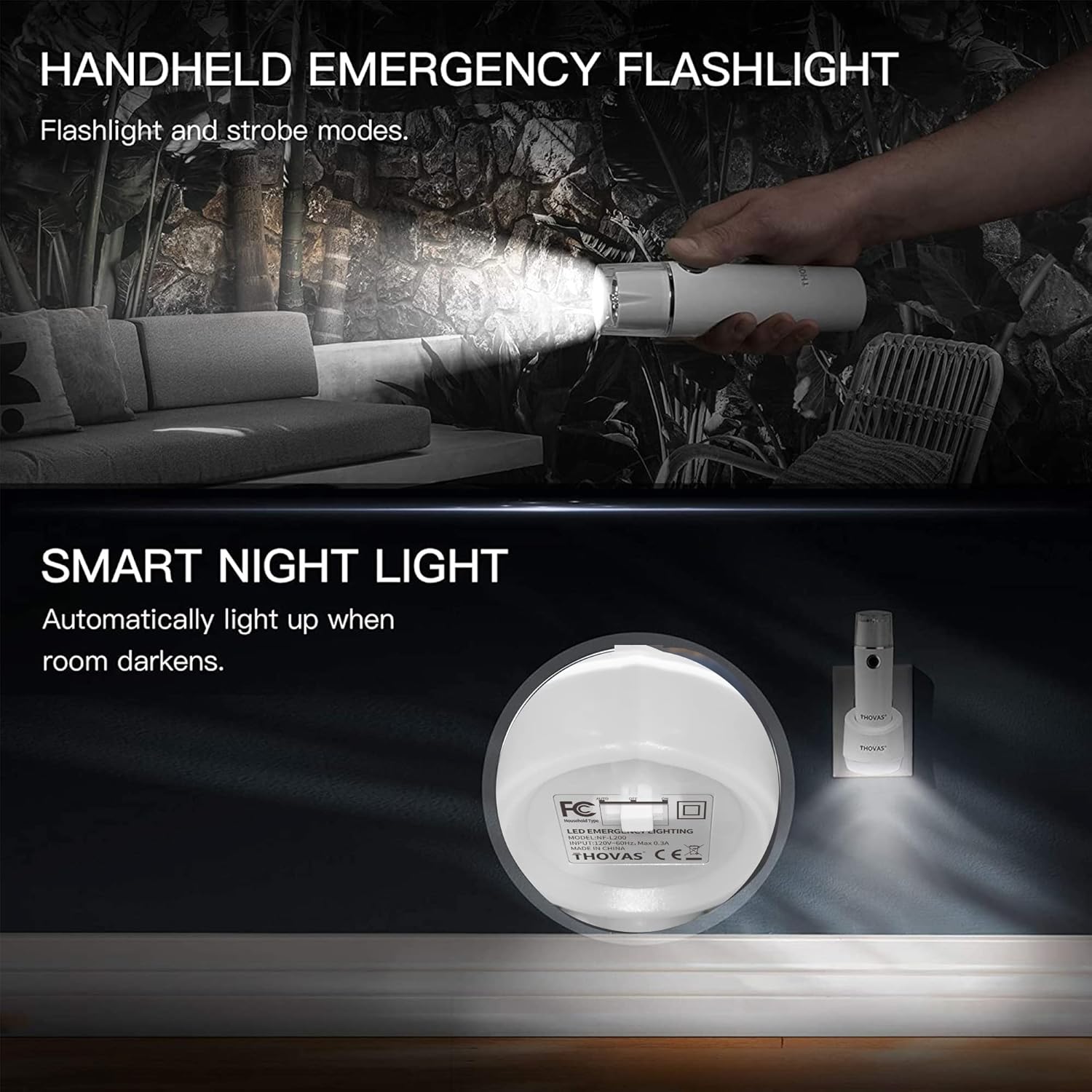 Linterna de emergencia, luz LED multifunción de falla de energía, luz de mano, linterna recargable, luz nocturna enchufable, linternas de falla de