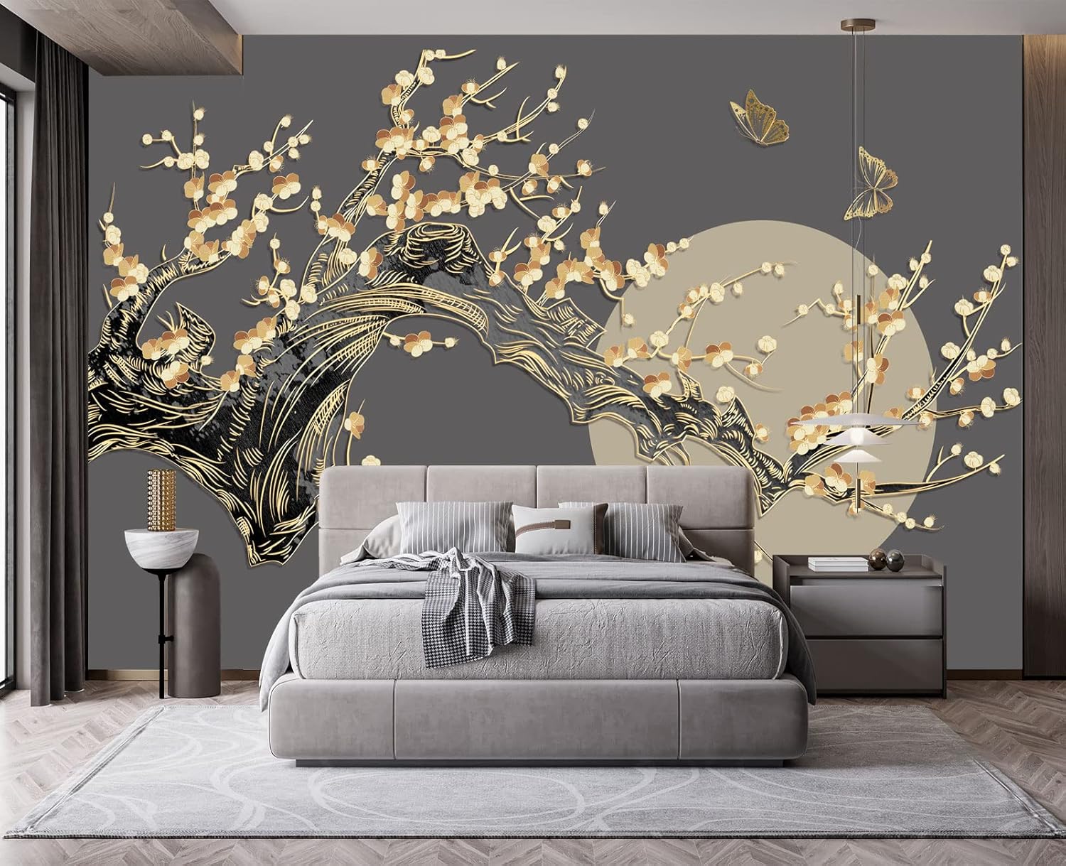 Papel tapiz de pared con diseño de mariposas y luna de ramas doradas, para dormitorio, 178 x 117 pulgadas