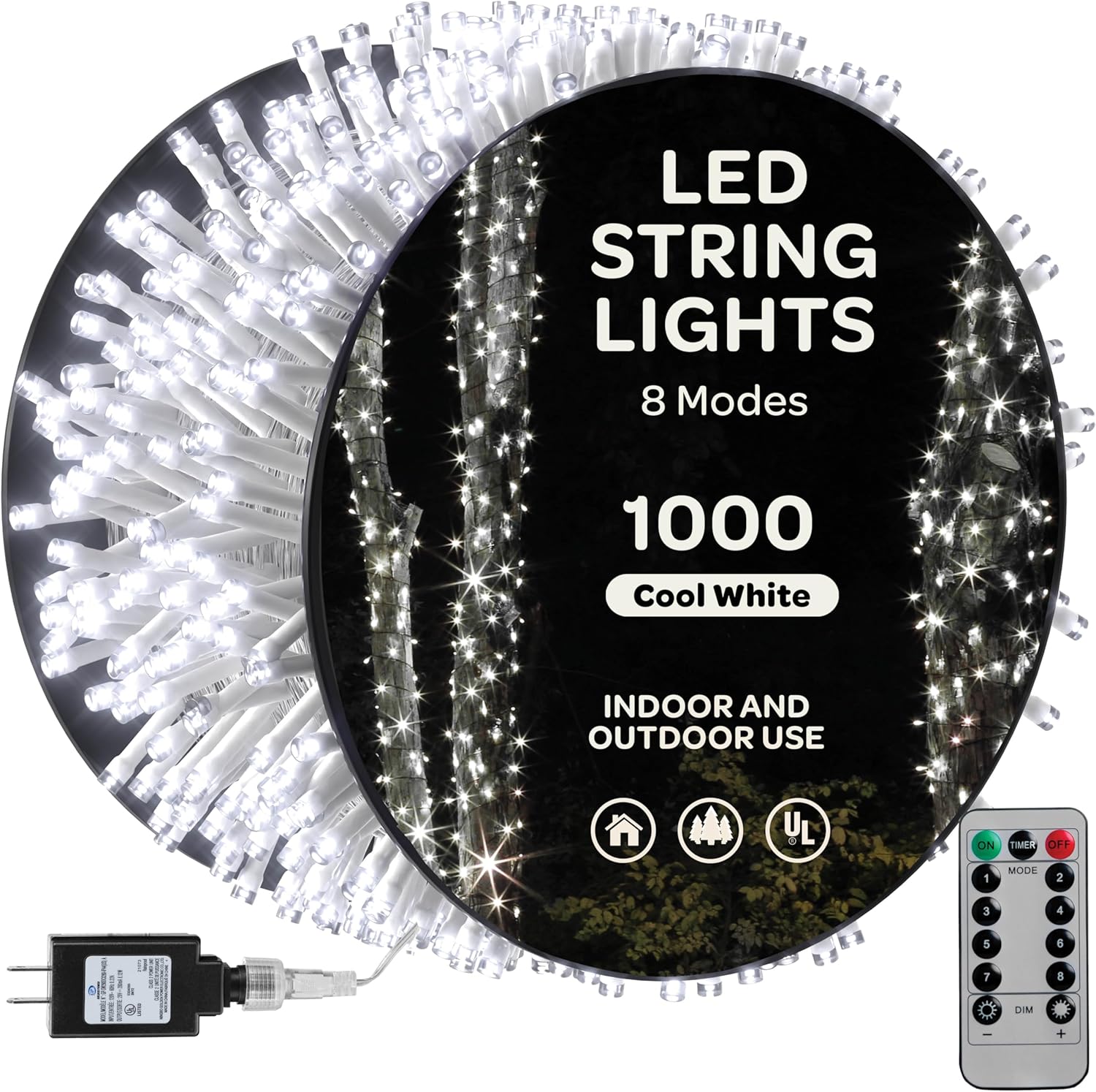 1000 luces LED de Navidad blanco frío Cadena de luces súper largas de 400 pies  Control remoto con 8 modostemporizadorregulable  Aprobado por UL