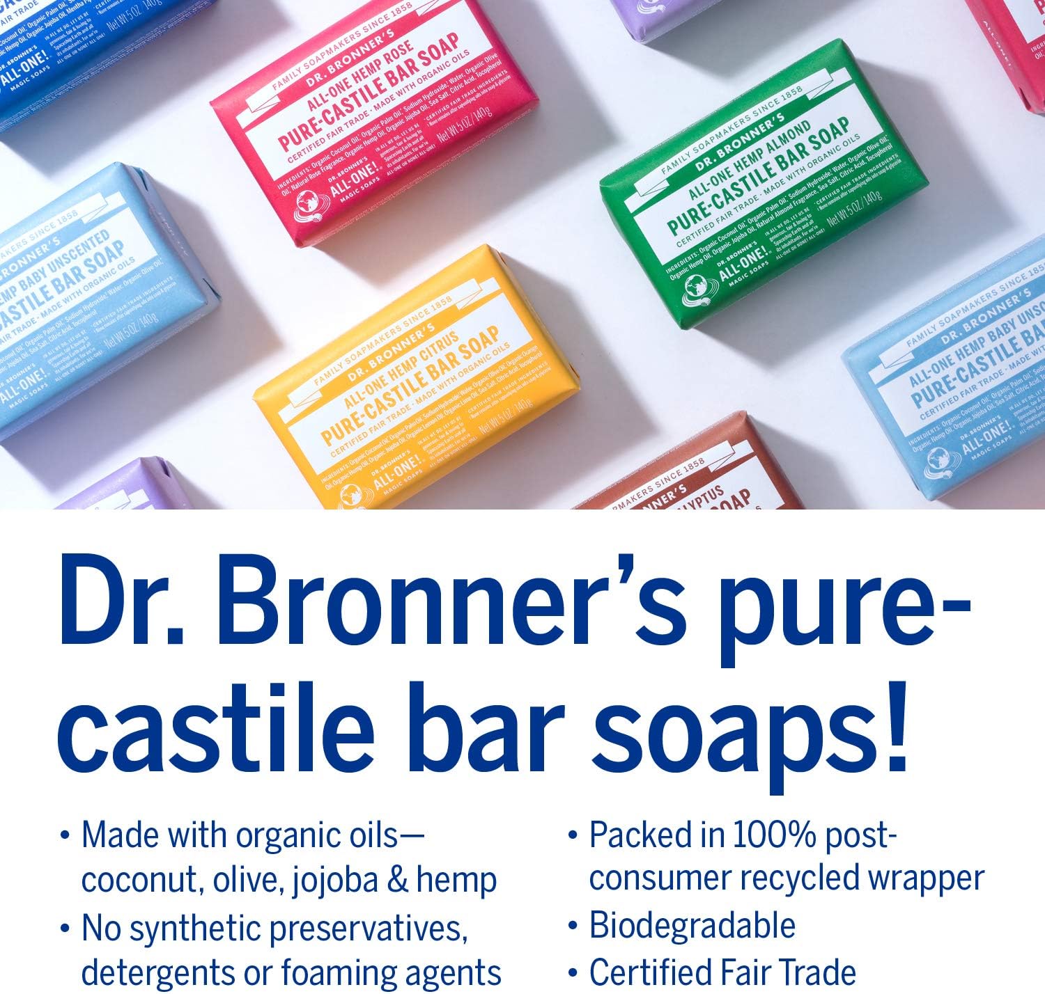 Jabones mágicos Dr. Bronners, jabón de Castilla puro, Menta de cáñamo, todo en uno, barras de 5 onzas (paquete de 6), Peppermint